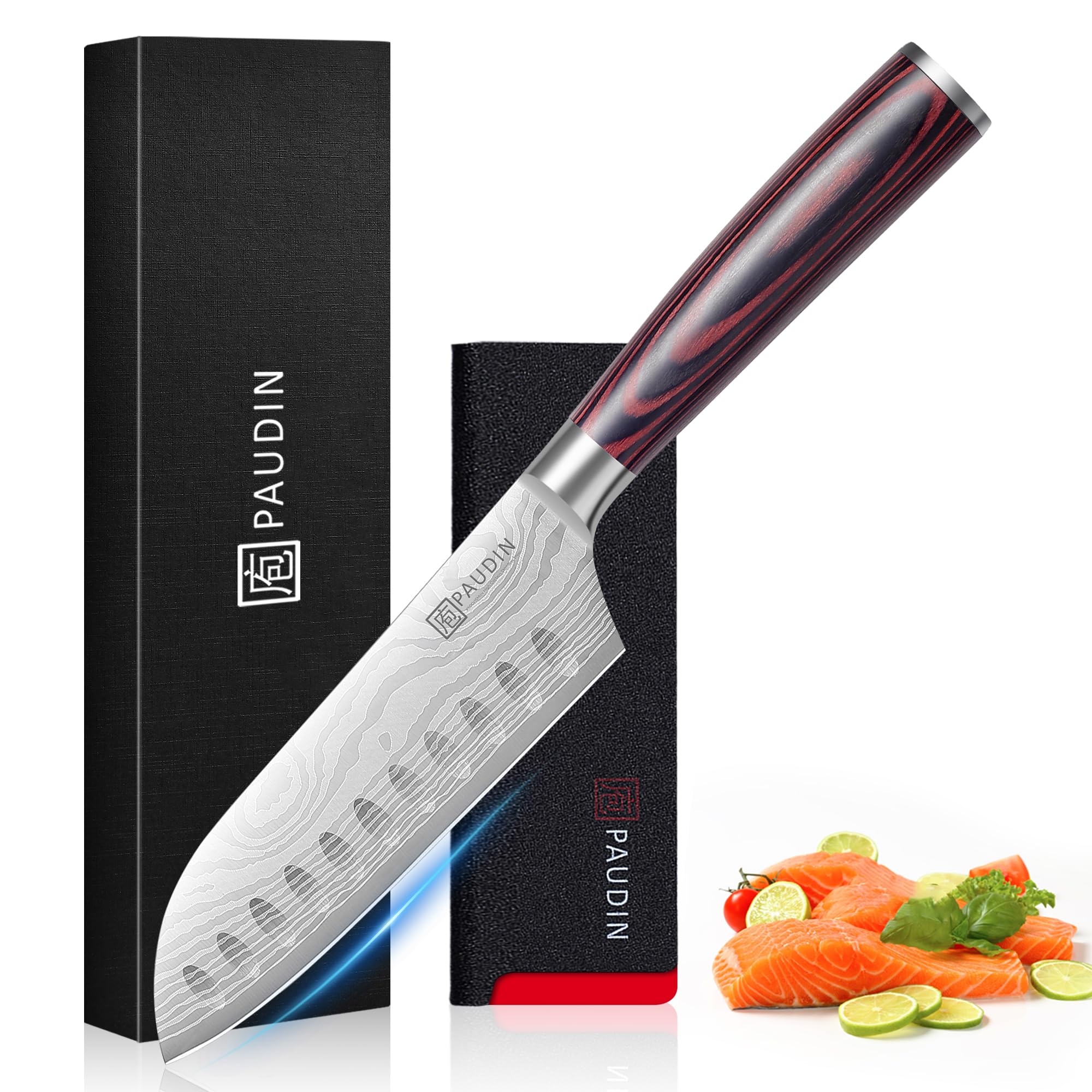 PAUDIN Coltello Santoku da 13 cm, coltello da cucina giapponese in acciaio inossidabile ad alto tenore di carbonio, ergonomico e versatile per carne, verdura e frutta