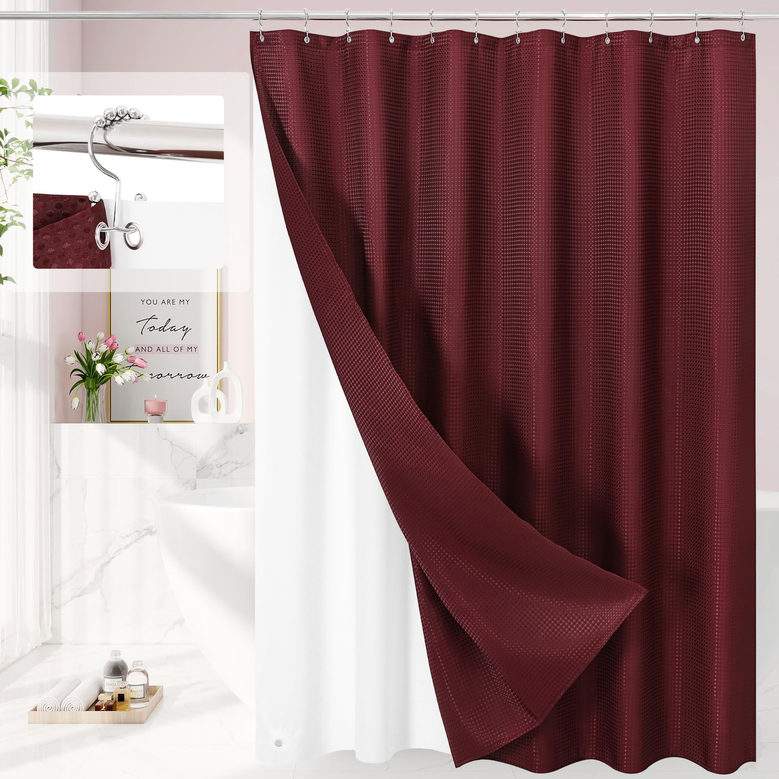 3 in 1 Long Burgundy Shower Curtain Set-72 W x 78 H, Modern Waffle and PEVA Liner Set with 12 Stainless Steel Hooks, Waterproof Fabric for Bathroom — image 1