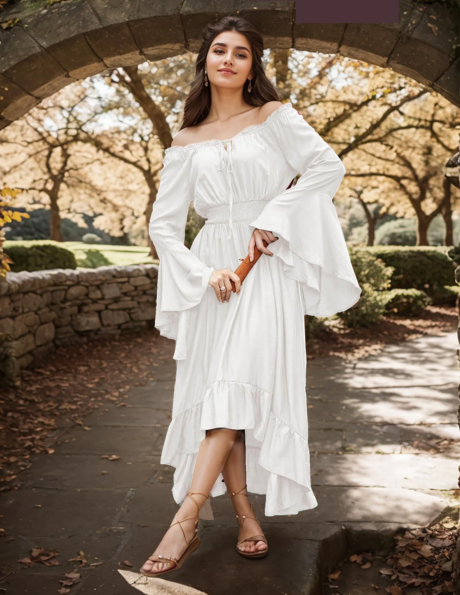 Gothden Renaissance Dress Women Medieval Costume Victorian Dresses Peasant Gothic Dress White, XL - Image 3