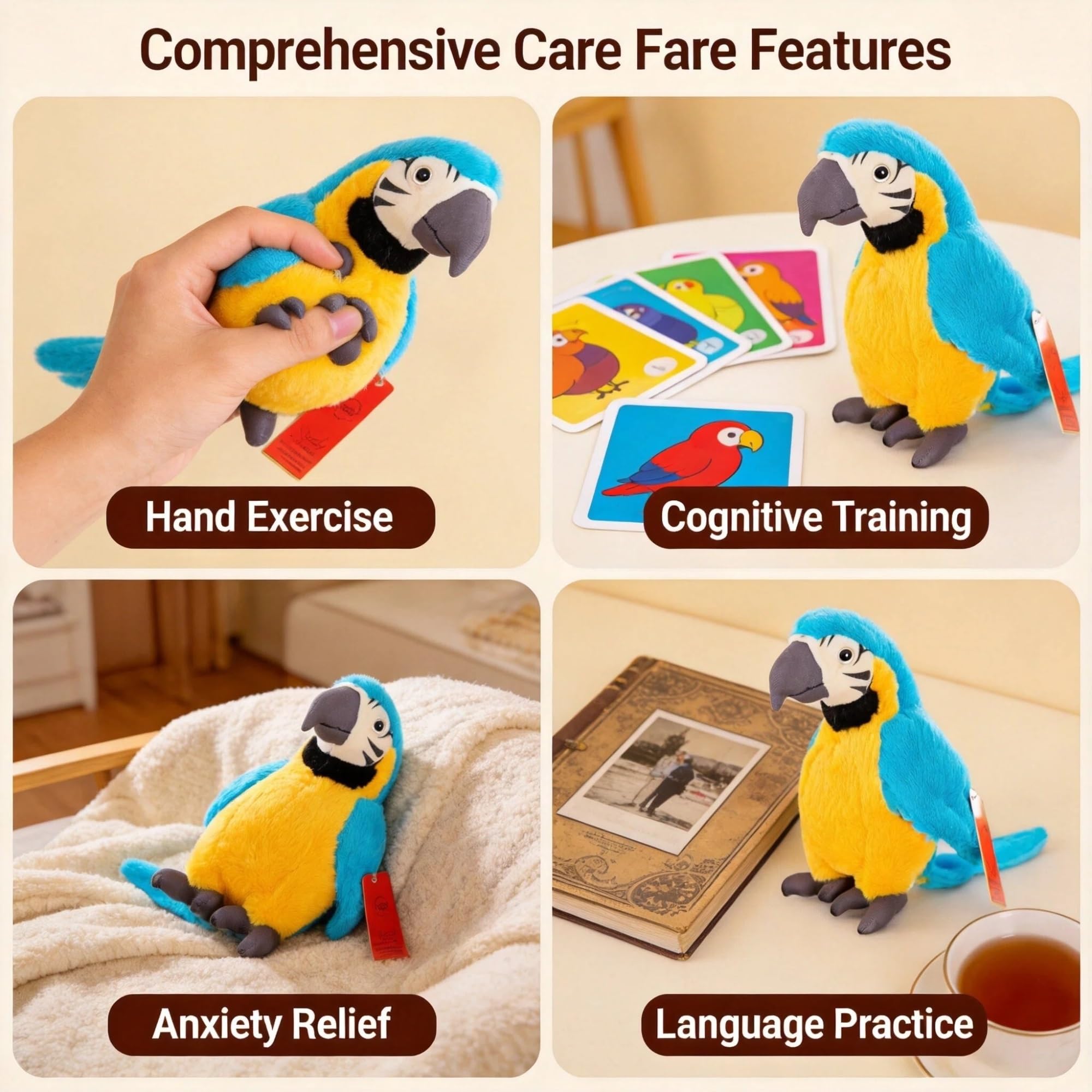 Parrot Plush Sensory Fidget with Substantial Anxiety Support, 11 In | Sensory plush for seniors, anxiety relief for elderly, tactile plush companion for adults, fidget‑style comfort(Azul)
