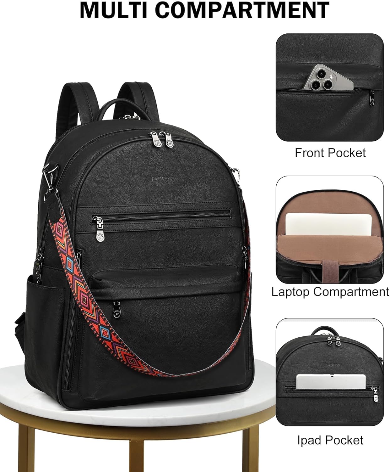 FADEON 15.6 inch Laptop Backpack Purse for Women Designer PU Leather Computer Backpacks Fashion for Work Travel Black - Image 6