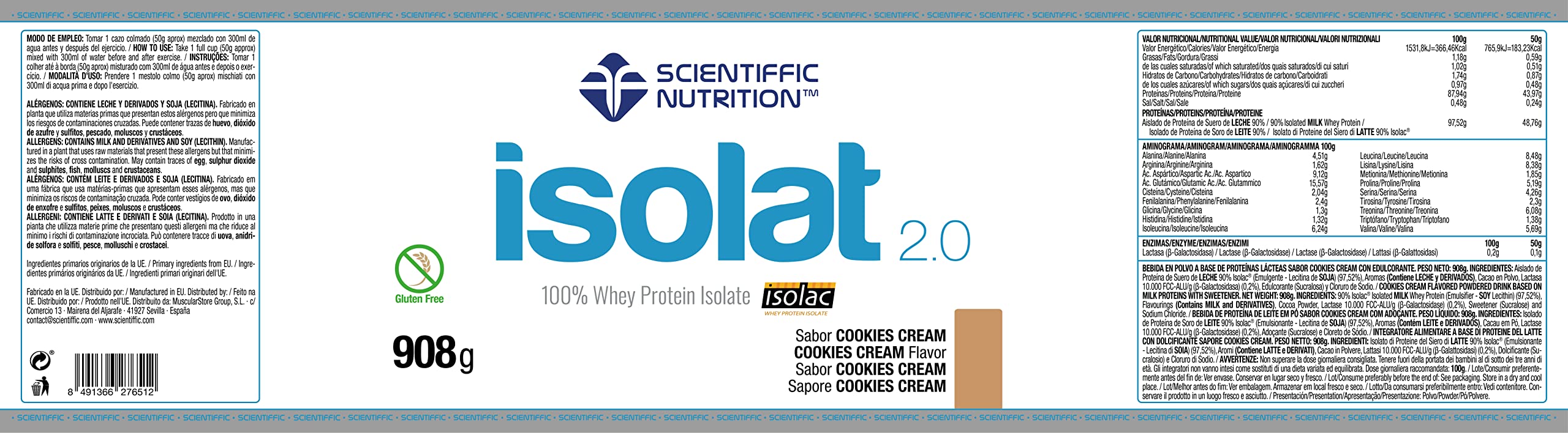 Scientiffic Nutrition - Isolat 2.0, Whey Protein, Suplemento de Proteina Aislada ISO con Lactasa, Proteina de Suero de Leche en Polvo - 908g, Cookies.