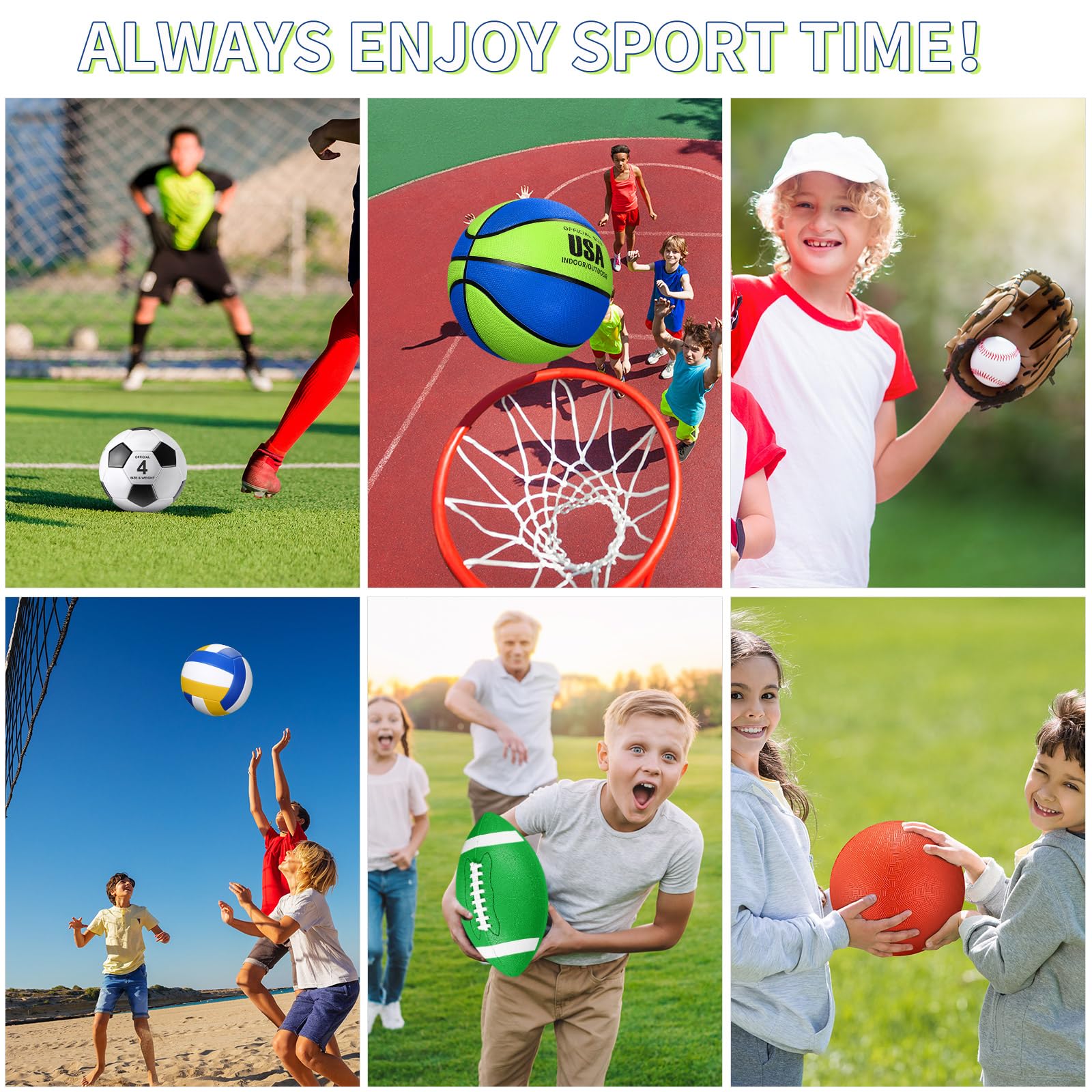 Realspring 6-teiliges Multi-Sportball-Set für Kinder, Teenager, offizielle Größe, Fußball, Basketball, Fußball, Volleyball, Spielplatzball, Baseball mit Sportausrüstungstasche, Pumpe