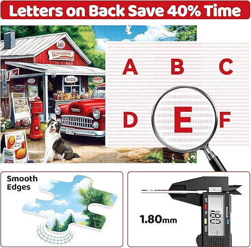 Miniatura 3 de Rompecabezas de 1000 piezas para adultos, rompecabezas de tienda de campo con coche rojo, perro y escena de pueblo rústico, rompecabezas escénico al