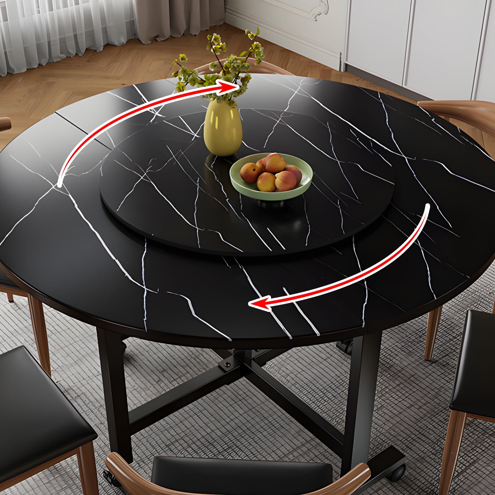 Lar Lazy Susan Drehteller aus Holz, 90 cm, schwarzer Marmor, rund, stabiles Serviertablett für Küche und Esszimmer, perfekt für Unterhaltung
