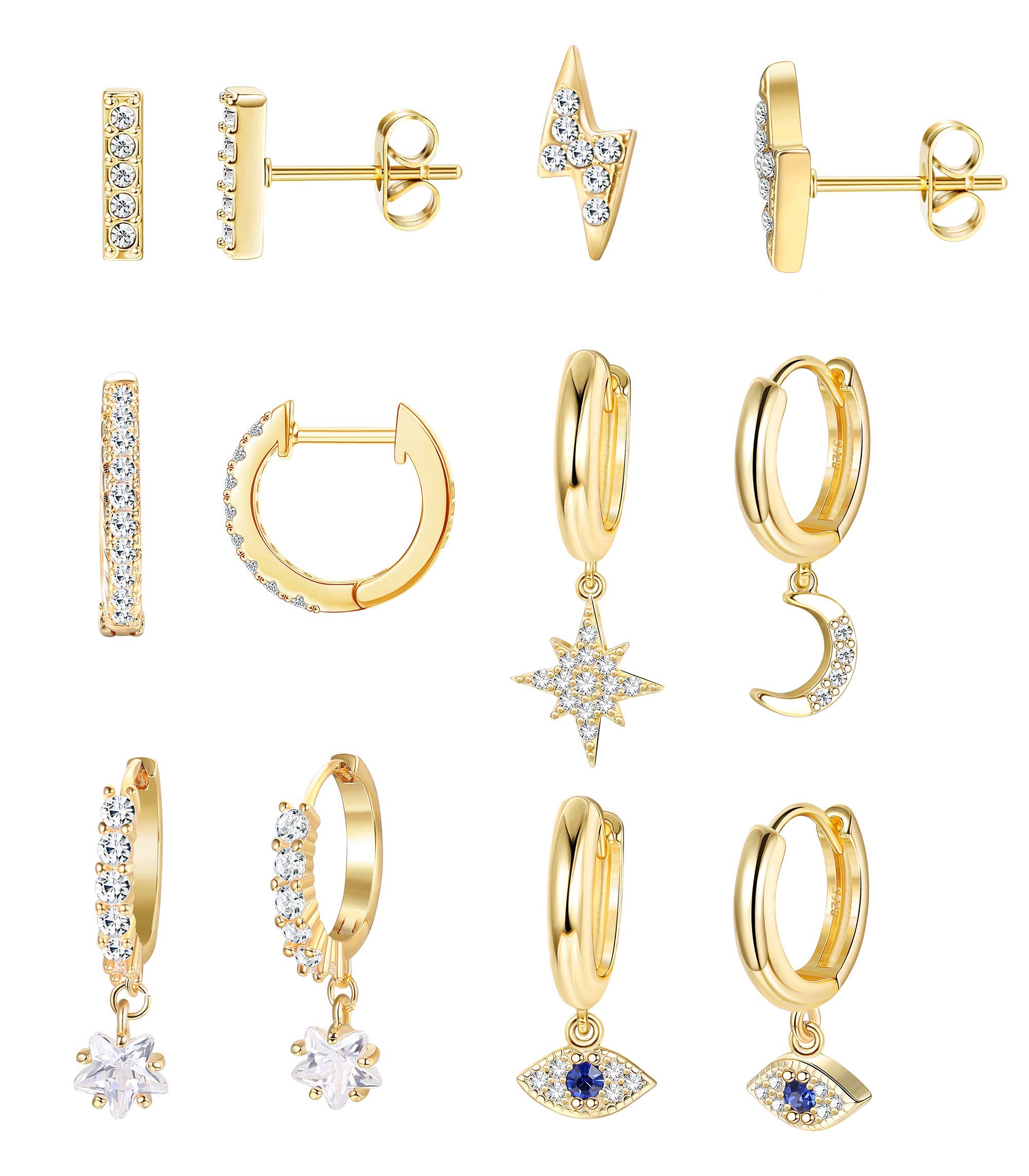 MILACOLATO 6 pares set pendientes Luna Estrella Dangle Aros Pendientes para mujer Mini Bar Stud Pendientes CZ Drop Cartilage Joyería linda Pequeño Huggie Aros Regalo Chapado en Oro