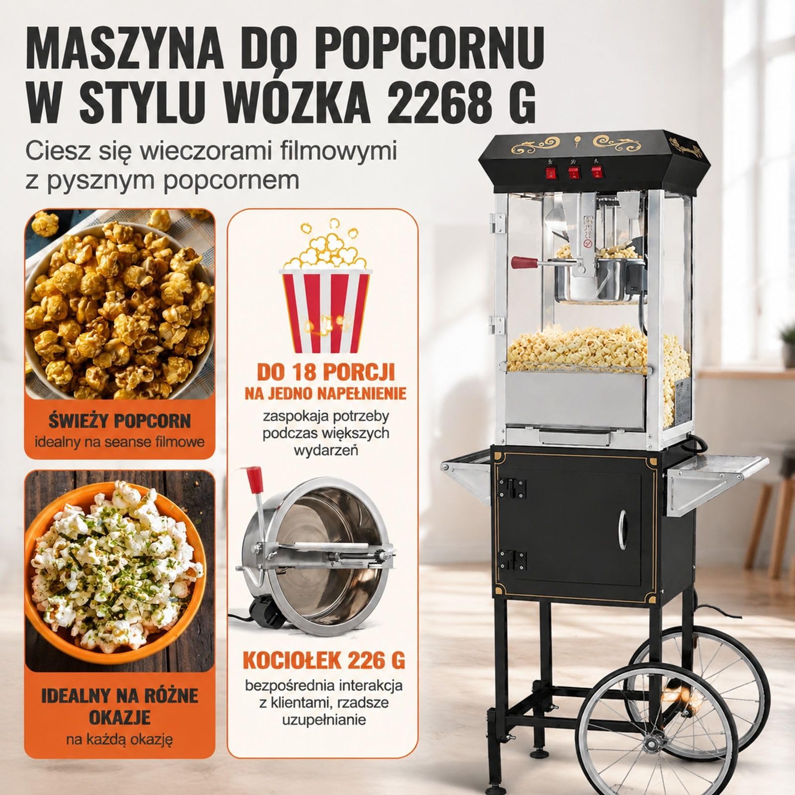 Maszyna do popcornu z wózkiem, 850 W, kociołek 8 oz na 48 filiżanek załadunku, hartowane szkło, czarna, 4 gałki, zastosowanie kinowe, restauracyjne, imprezowe