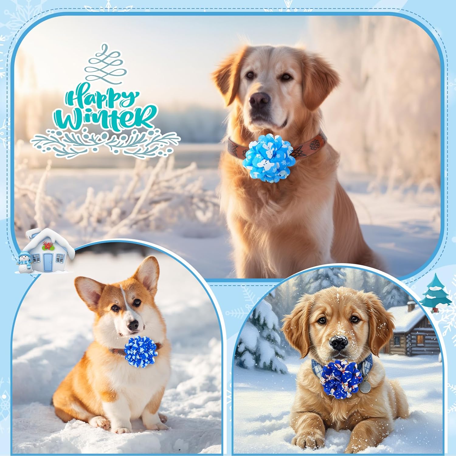 Lyrow 100 Pcs Blue Dog Collar Flowers, Boy Puppy Dog Charms with Snowflake Design, Grooming Accessories Bulk Bow Tie Flower for Dogs Cats Collar Attachment Decoration