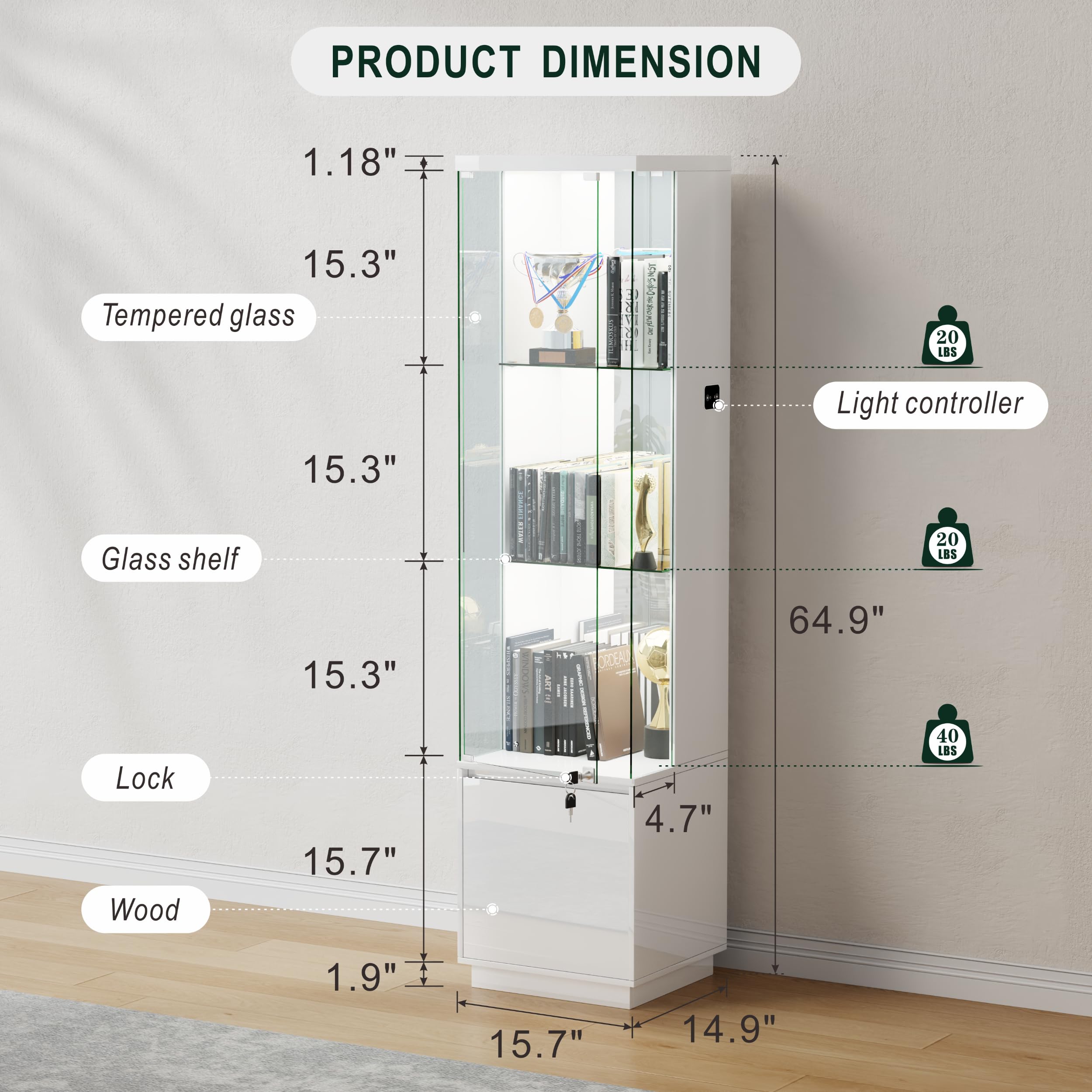 Lvifur Glasvitrine mit LED Beleuchtung und Schubladen,Vertikale Vitrine mit Intelligente Sensorik,Glas Holz Vitrinenschrank 3-Lagen Sammlervitrine für Sammlerstücke,Wein,Wohnzimmer,Schlafzimmer