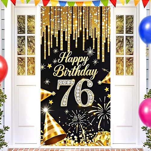 HOMETITUTE 76th Birthday Door Cover 35x71 Inch Black Gold Diamond Decor
