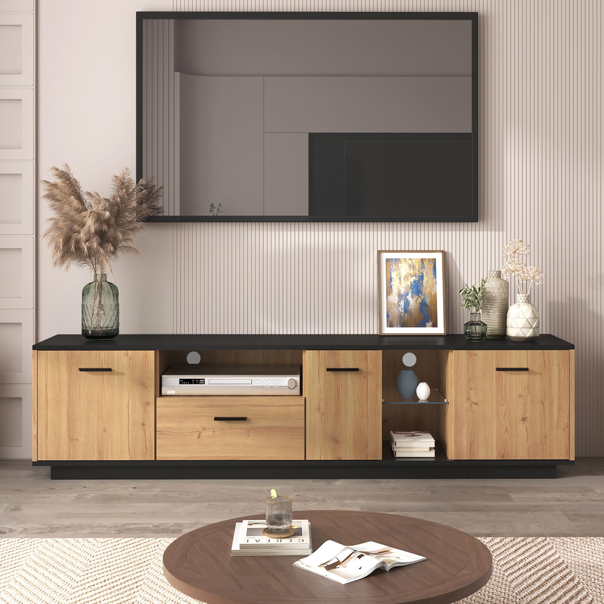 SACOOL Mobile TV color legno + dimensioni con cassetto, porte aperte, mobili TV in vetro, pannello basso, 15 luci LED.