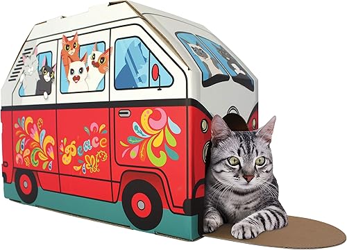 Miniatura 2 de American Cat Club Casa para gatos con rascador y hierba gatera incluidos, furgoneta retro, 1 unidad (paquete de 1)