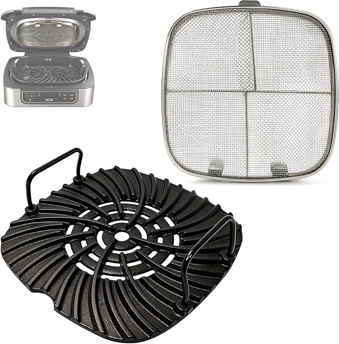 Grill Grate and Splatter Shield for Ninja Foodi 5-in-1 Grill Parts, Non-Stick Griddle Pan and Splatter Screen for Ninja Foodi AG300, AG301C, AG302, AG400 Accessories