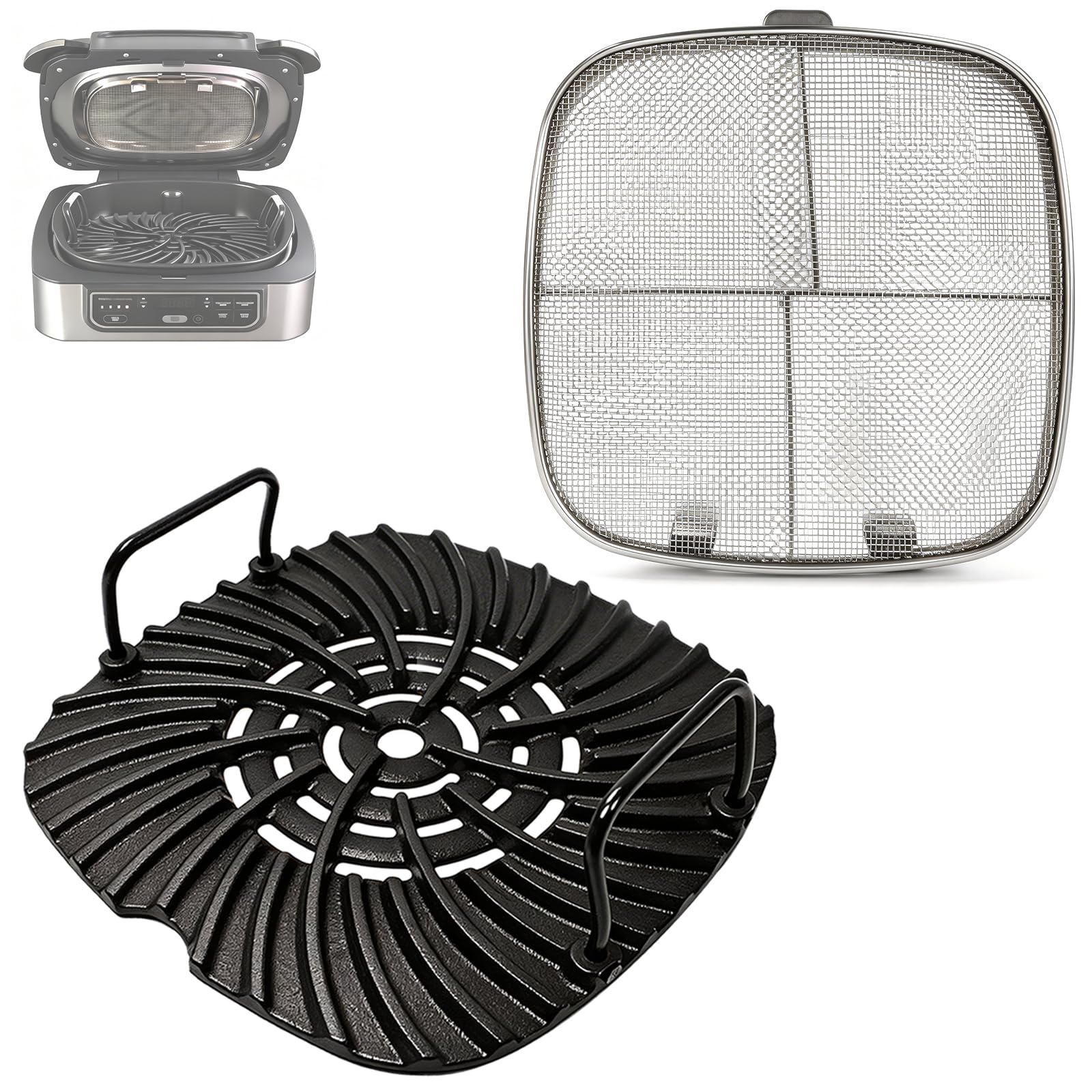 GLOWYE Grill Grate and Splatter Shield for Ninja Foodi 5-in-1 Grill Parts, Non-Stick Griddle Pan and Splatter Screen for Ninja Foodi AG300, AG301C, AG302, AG400 Accessories