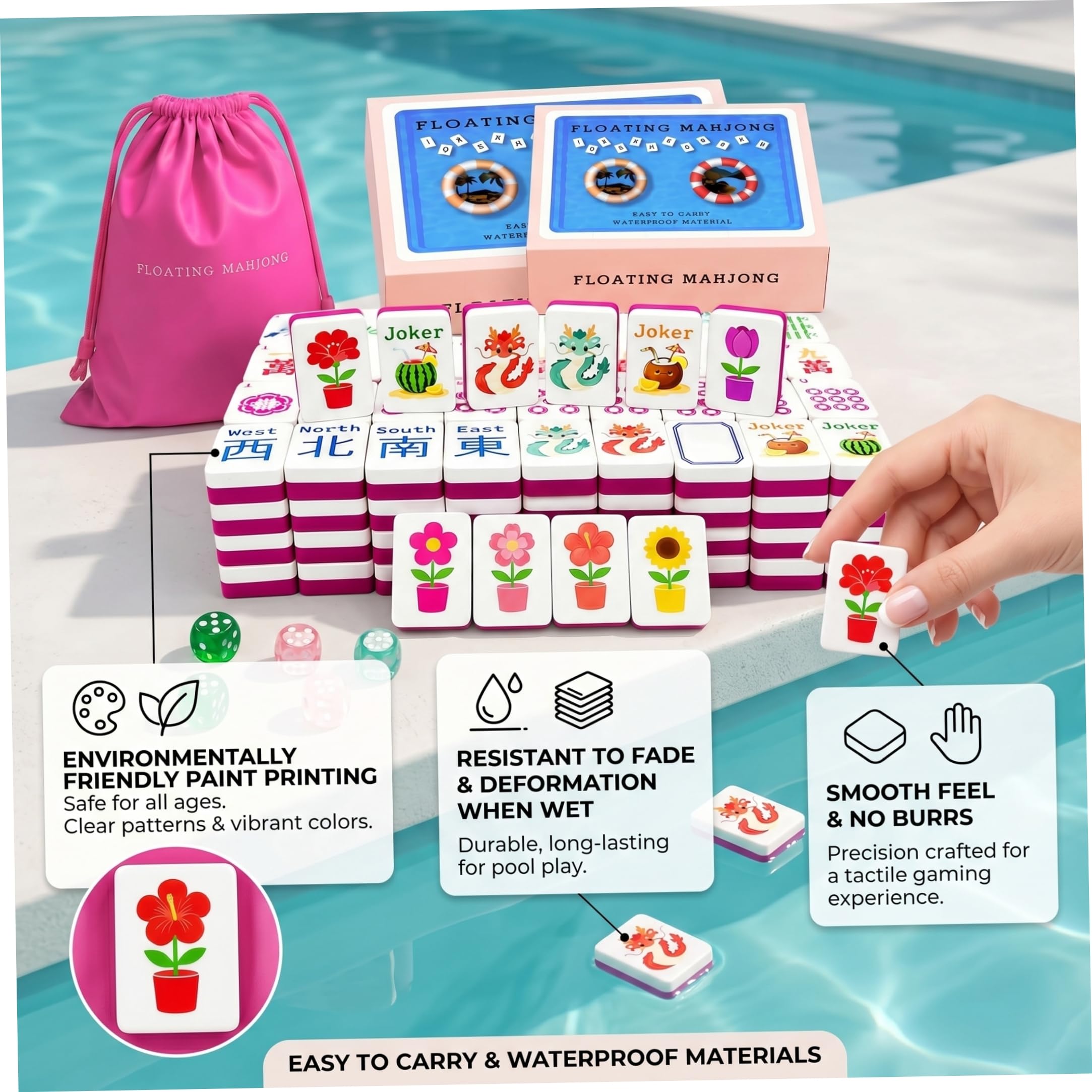 Schwimmende Mahjong-Fliesen | Pool-Mahjong-Set, schwimmende Fliesen mit komplettem Strand-Zubehör für Schwimmbrett-Wasserspiel, Sommer-Strandparty, Rosenrot