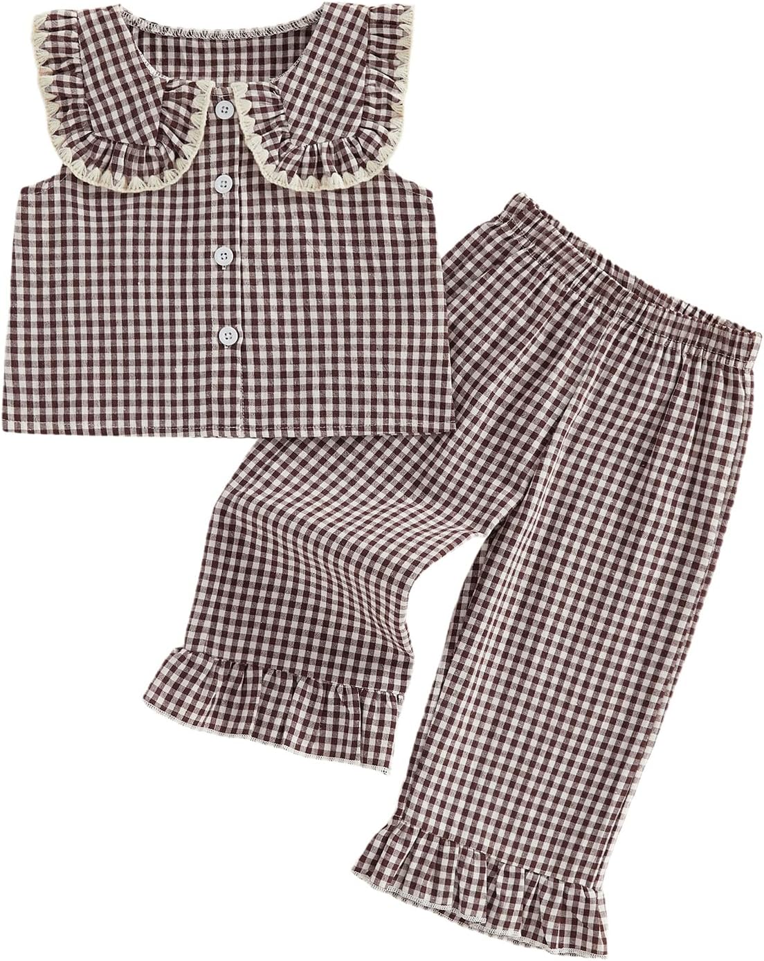 Toddler Girls Spring Outfit Peter Pan Collar Sleeveless Plaid Vest Tops Elastic Waist Pants Set Kids Summer Clothes