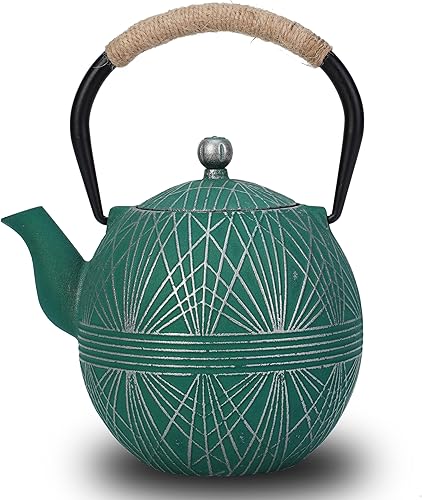 Miniatura 7 de Tetera de hierro fundido esmaltada 34oz (1000ml) - Hervidor de estilo japonés con infusor extraíble de acero inoxidable y mango ergonómico, seguro