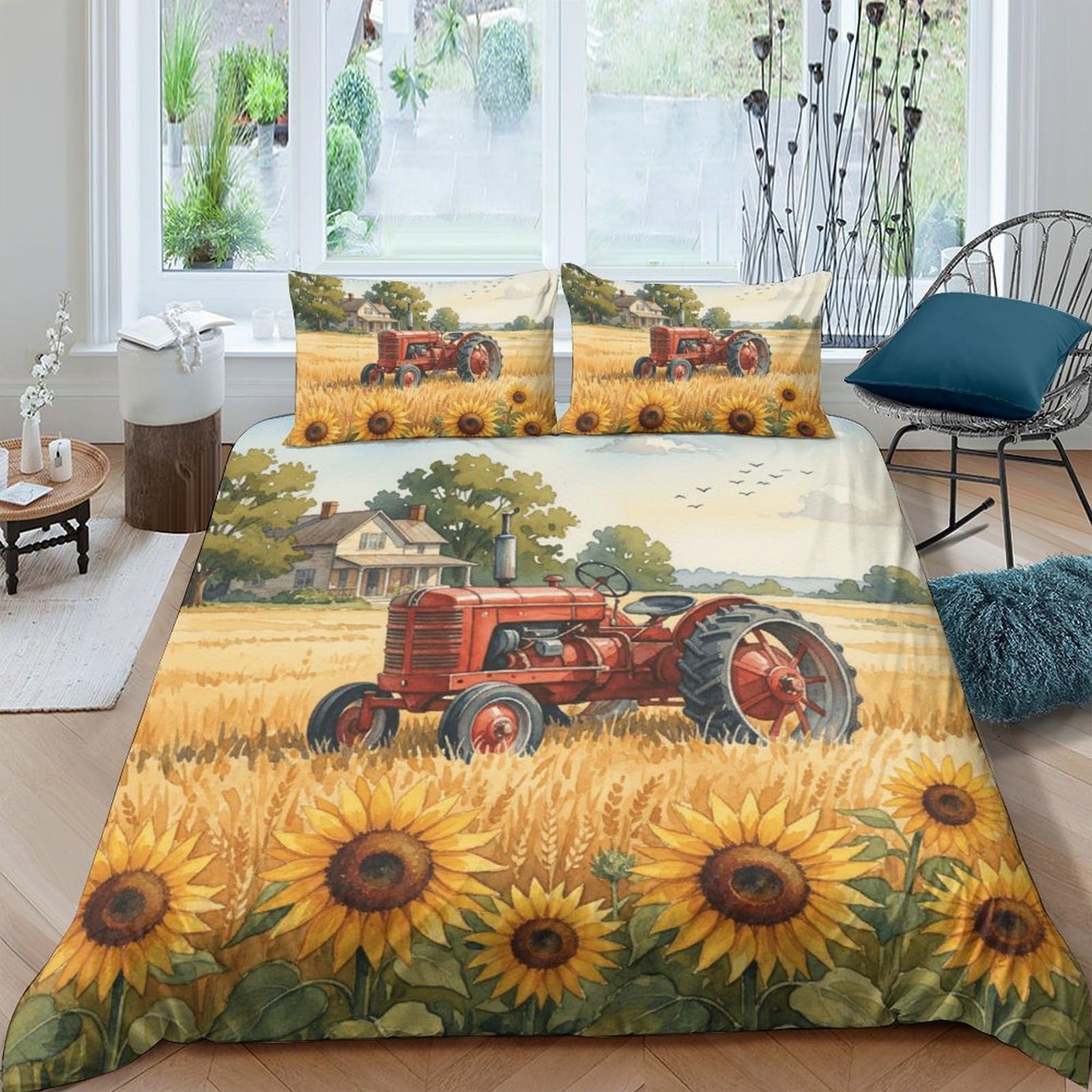 Ctjqhvkz Style-8 3D Printed Tractor Sunflower Fitted Sheet Microfiber Soft Bedroom Decor Bed Sheet Farmhouse Mattress Cover Single（135X200cm）