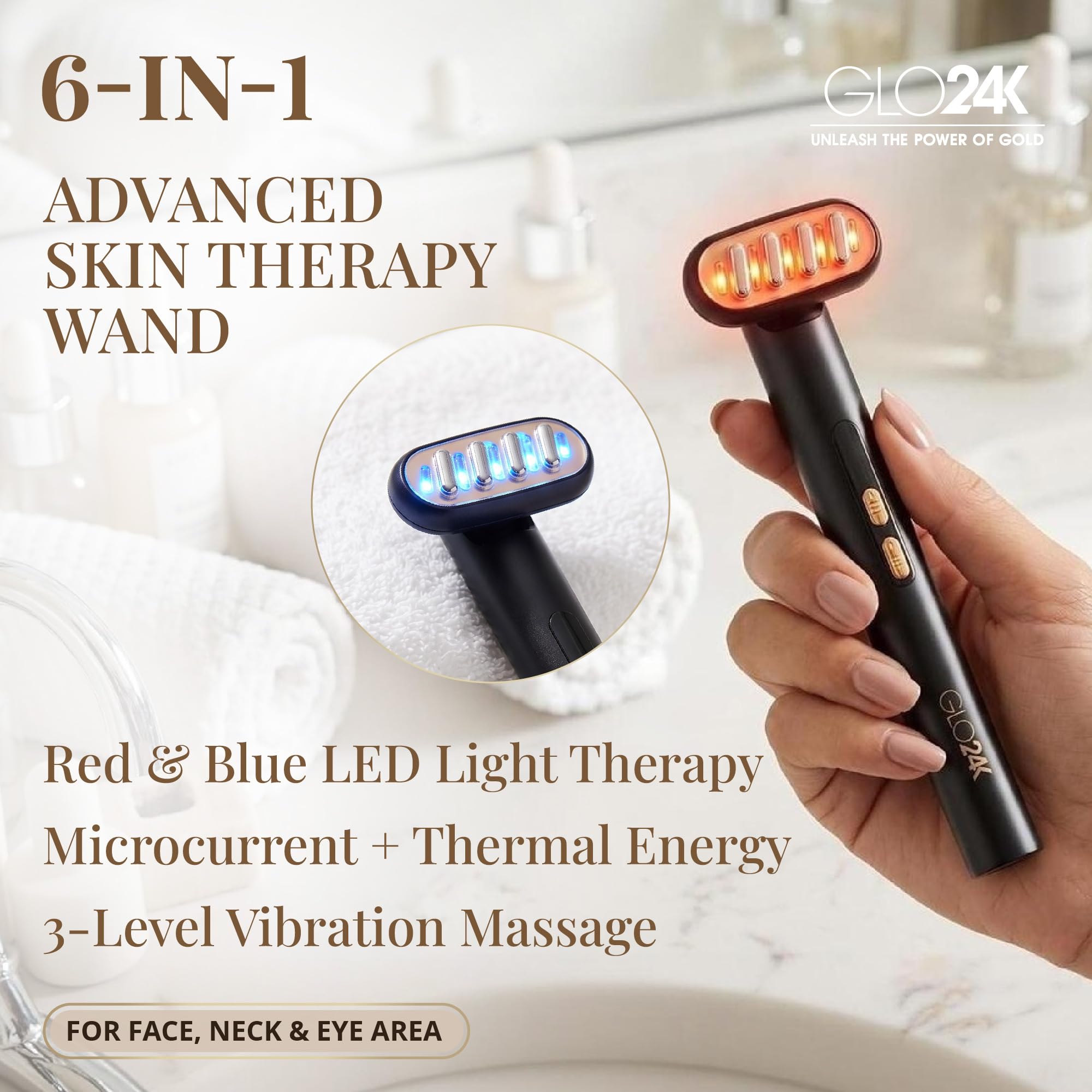 GLO24K 6-in-1 Schönheitstherapiestab für Gesicht, Augen und Hals. Basierend auf Dual-LED-Lichttherapie, thermischen, Vibrations- und Mikrostromtechnologien. Hautverjüngung