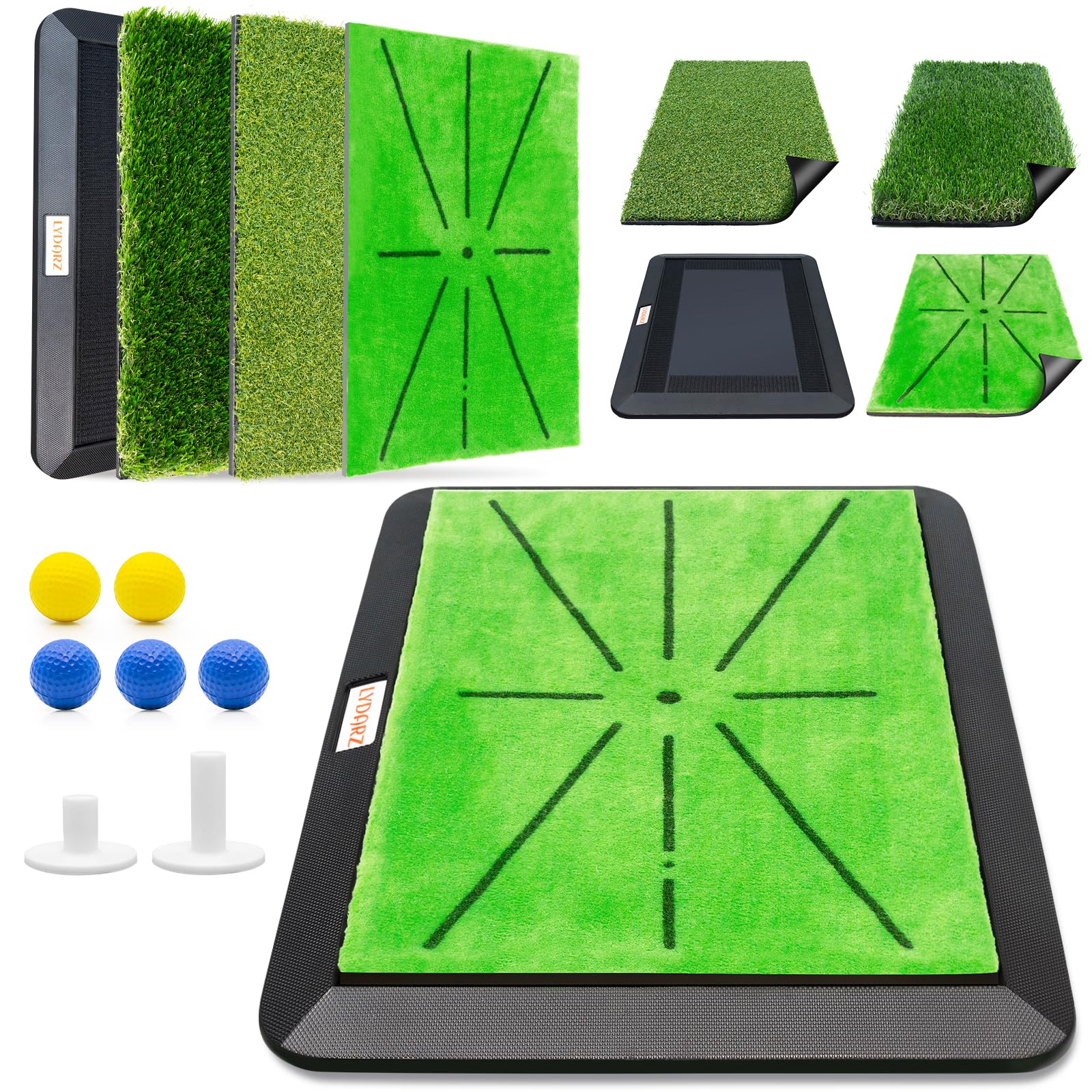 Golf Hitting Mats Training Equipment, Golf Practice Mat with Instant Swing Path Feedback, 3 Replaceable Golf Training Mats with No-Slip Heavy Duty Rubber Base, Rough/Fairway/Divot Golf Mat