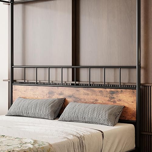 Miniatura 8 de LIKIMIO Marco de cama Queen con cabecera y cajón de madera, marco de cama tamaño Queen con 4 postes resistentes extraíbles, sin ruido, no necesita