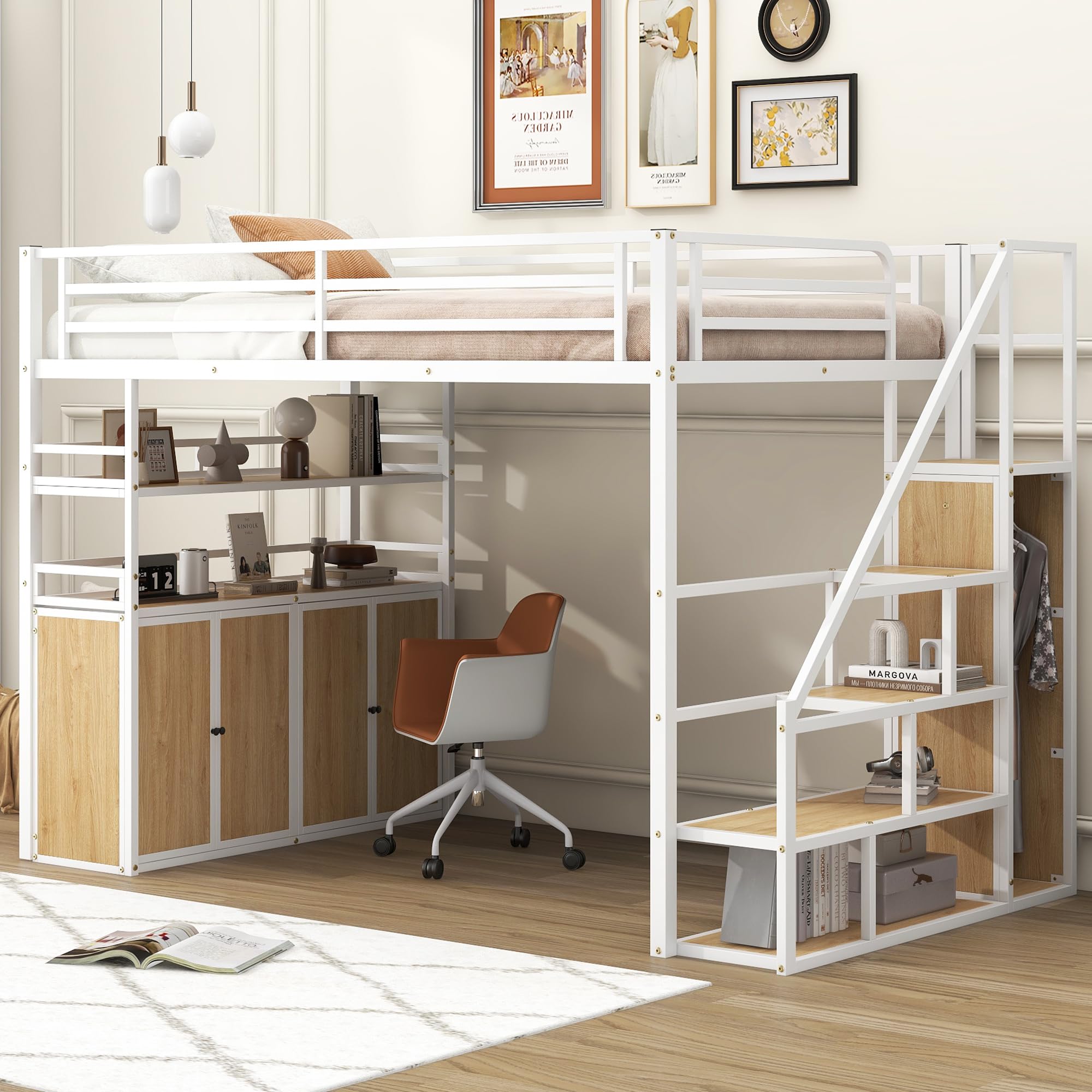 Loft Bed Full Size with Stairs,Metal Full Loft Bed with Wardrobe,Heavy Duty High Loft Bed with Shelves and Storage Lockers for Kids Teens, Adults, Space Saving,White