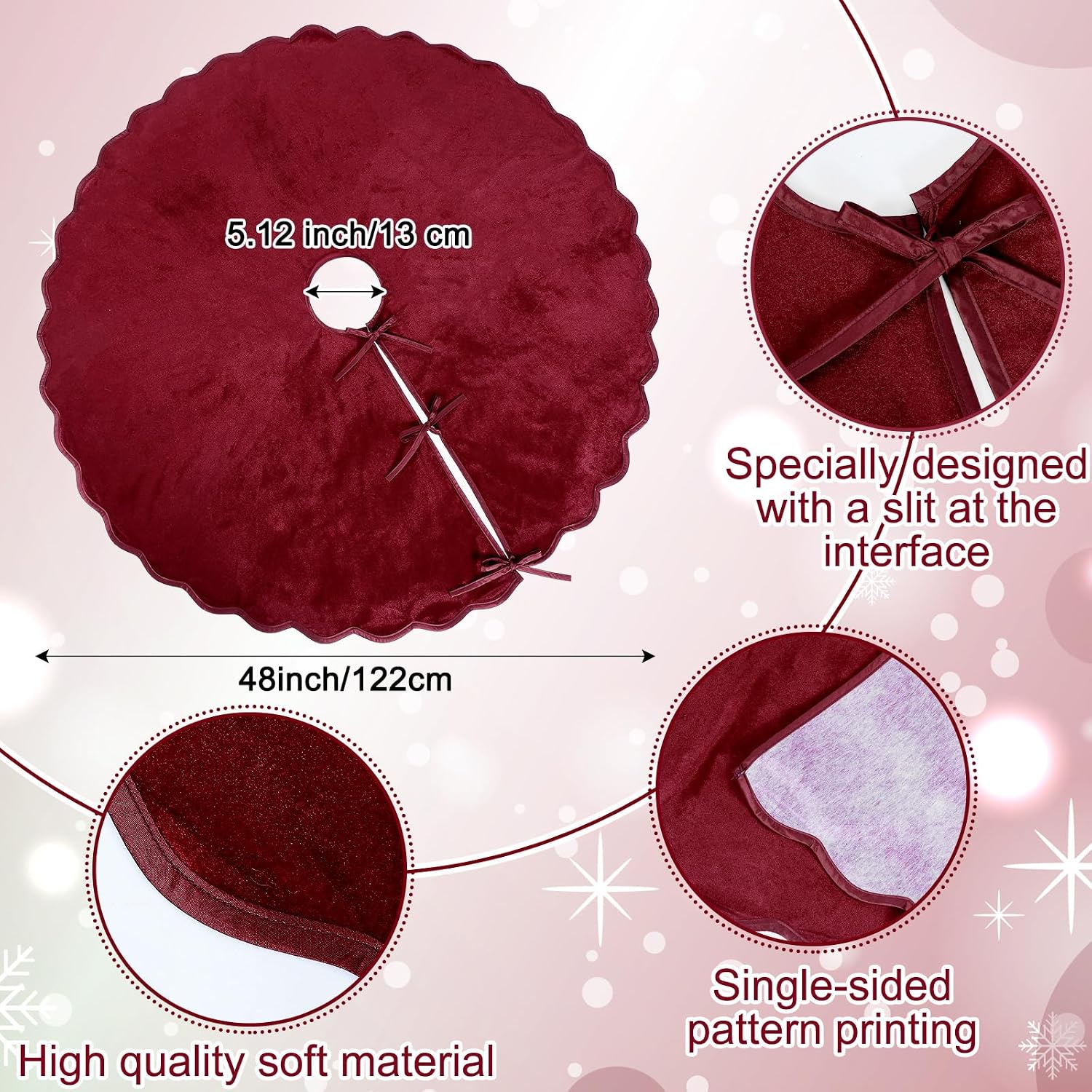 RoundFunny Burgundy Christmas Tree Skirt Velvet Tree Skirts, 48 Inch | Decorations with Scalloped Edge Soft Vintage Xmas Mat Rustic Farmhouse Decor for Home Indoor Outdoor Winter Holiday Party