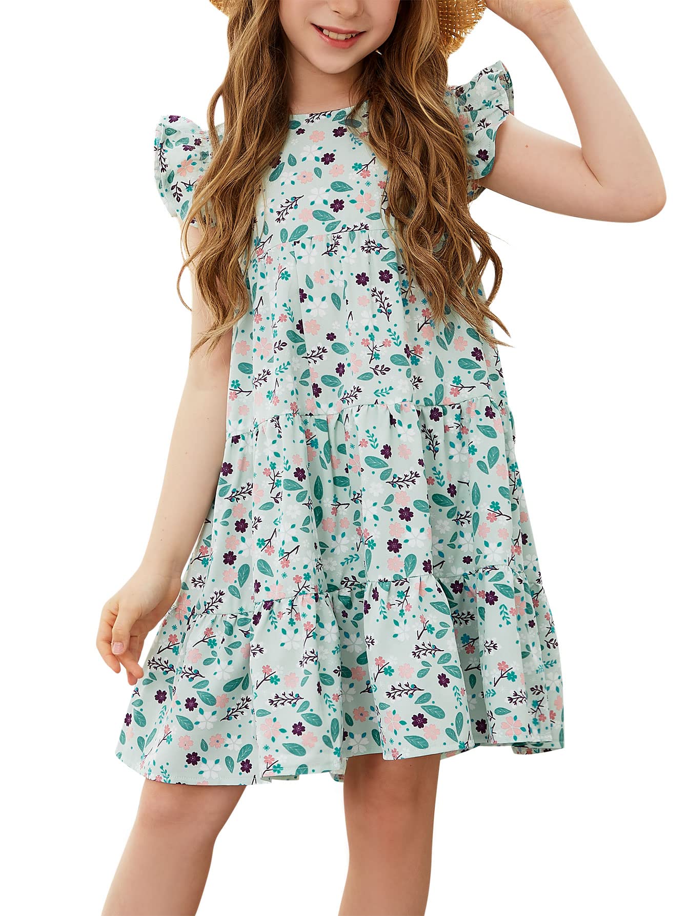 GORLYA Girls Floral Print Ruffle Sleeve Tiered Loose Fit Pleated Swing Midi Dress 4-14T