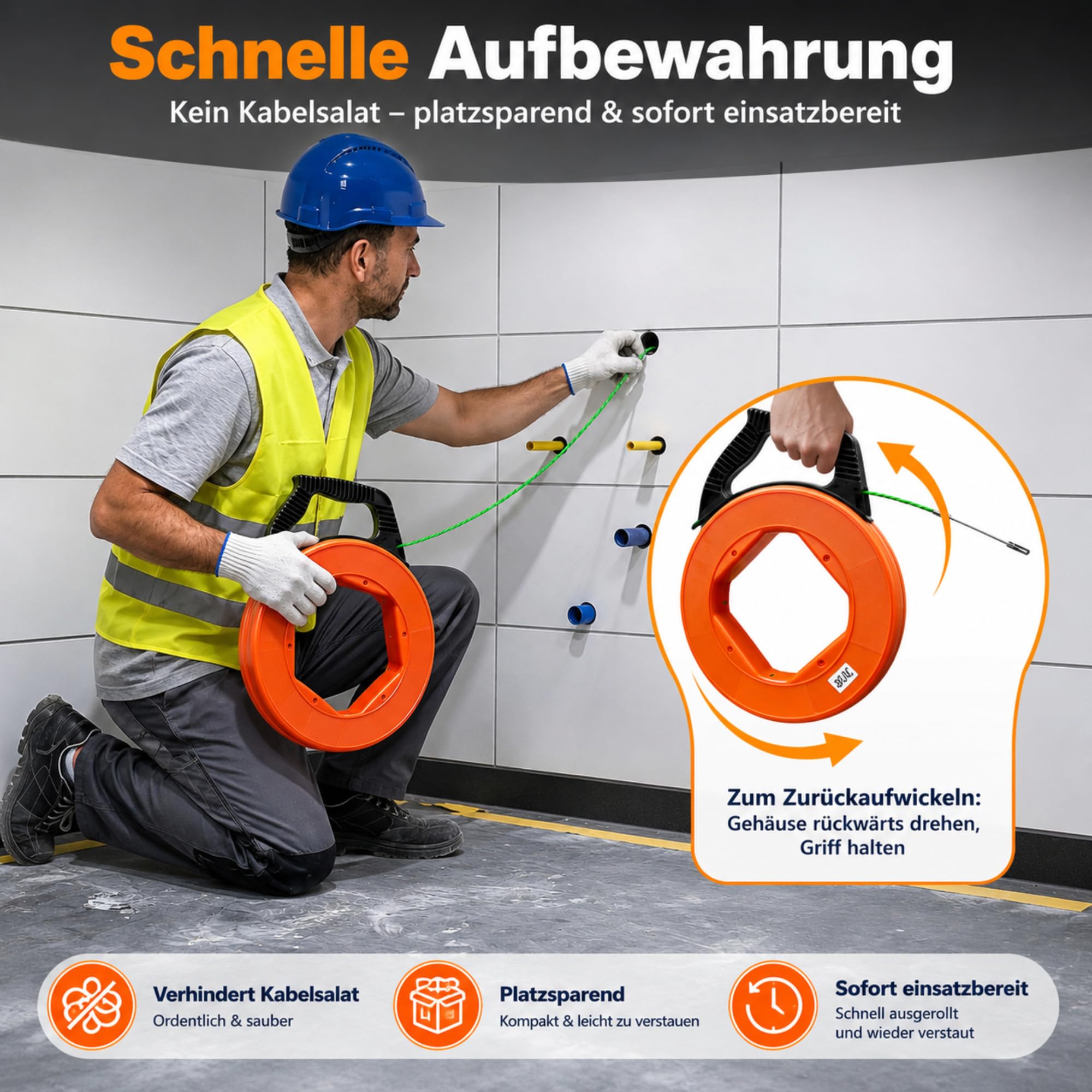 Aiguille tire-fil 30 m avec boîtier de rangement, tire-câble électrique