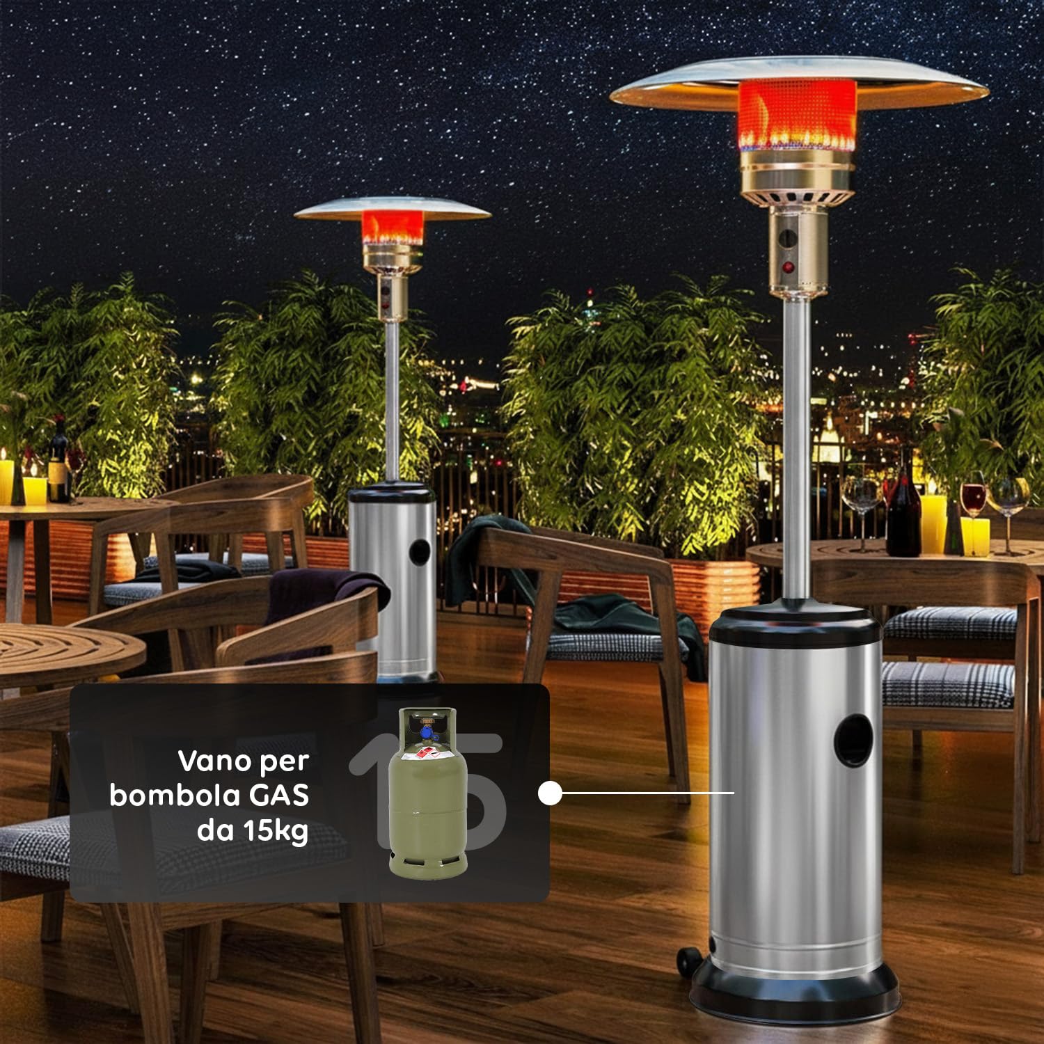 Avilia - Fungo Riscaldante Uragano per Esterno a Gas 12kW con Accensione Piezoelettrica, Ruote Integrate per Spostamento Facile, Compatibile con Bombola 15Kg, Ideale per Terrazze, Giardini e Locali