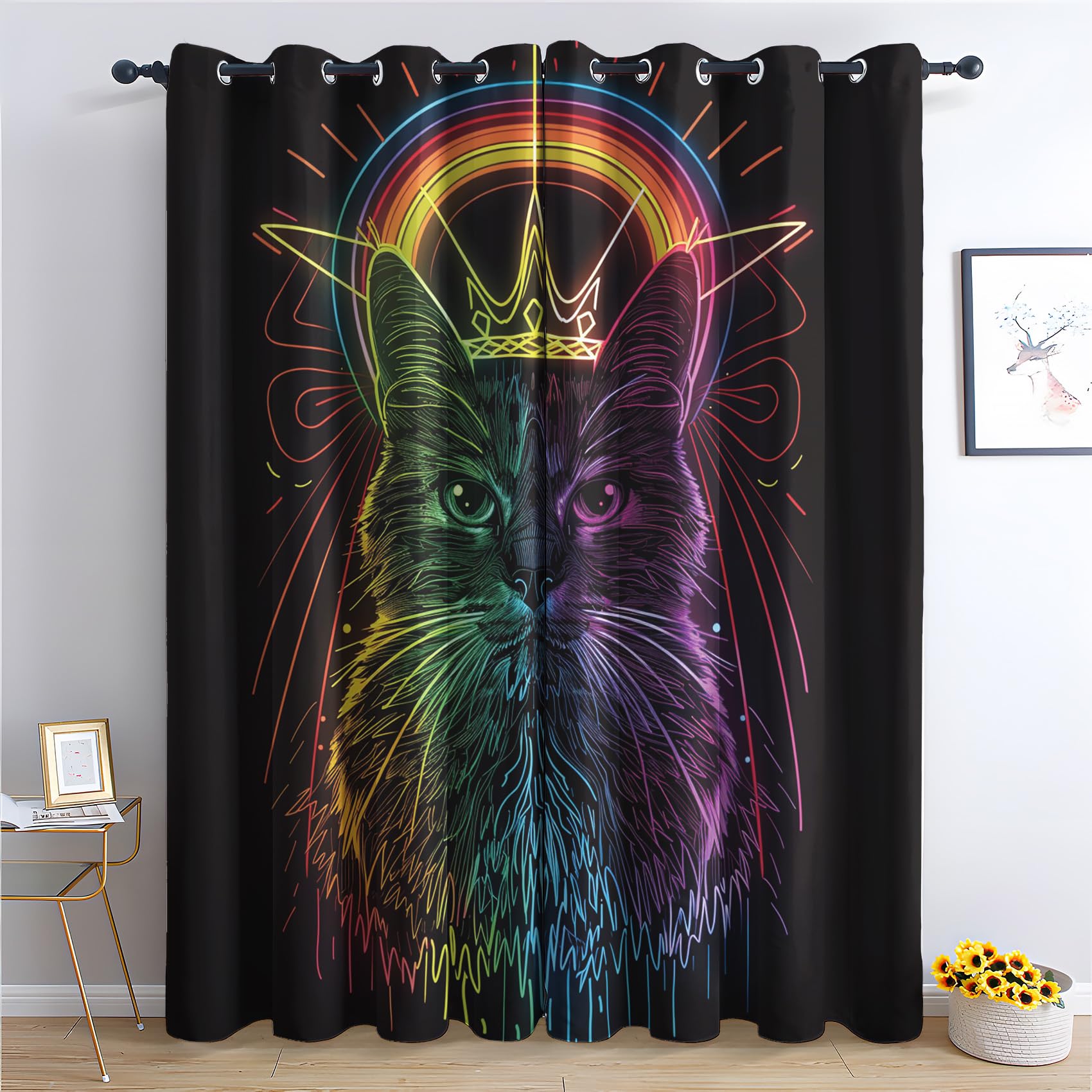 Cat Curtains for Bedroom Living Room - Rainbow Kitten King Blackout Curtains 66x90 Inch (Width x Drop), Thermal Insulated Eyelet Curtains & Drapes, Decorative Patterned Window Treatments A-#160