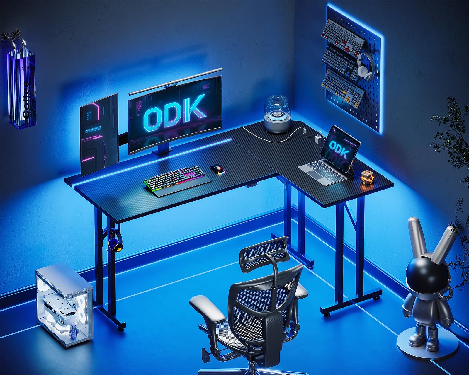 ODK Scrivania Gaming Led con Porta E presa Di USB, Postazione Gaming con Gancio per Cuffie, Tavolo Gaming con Piano Del Tavolo in Fibra di, Scrivania Gaming Angolare Carbonio Nera 130×90 cm