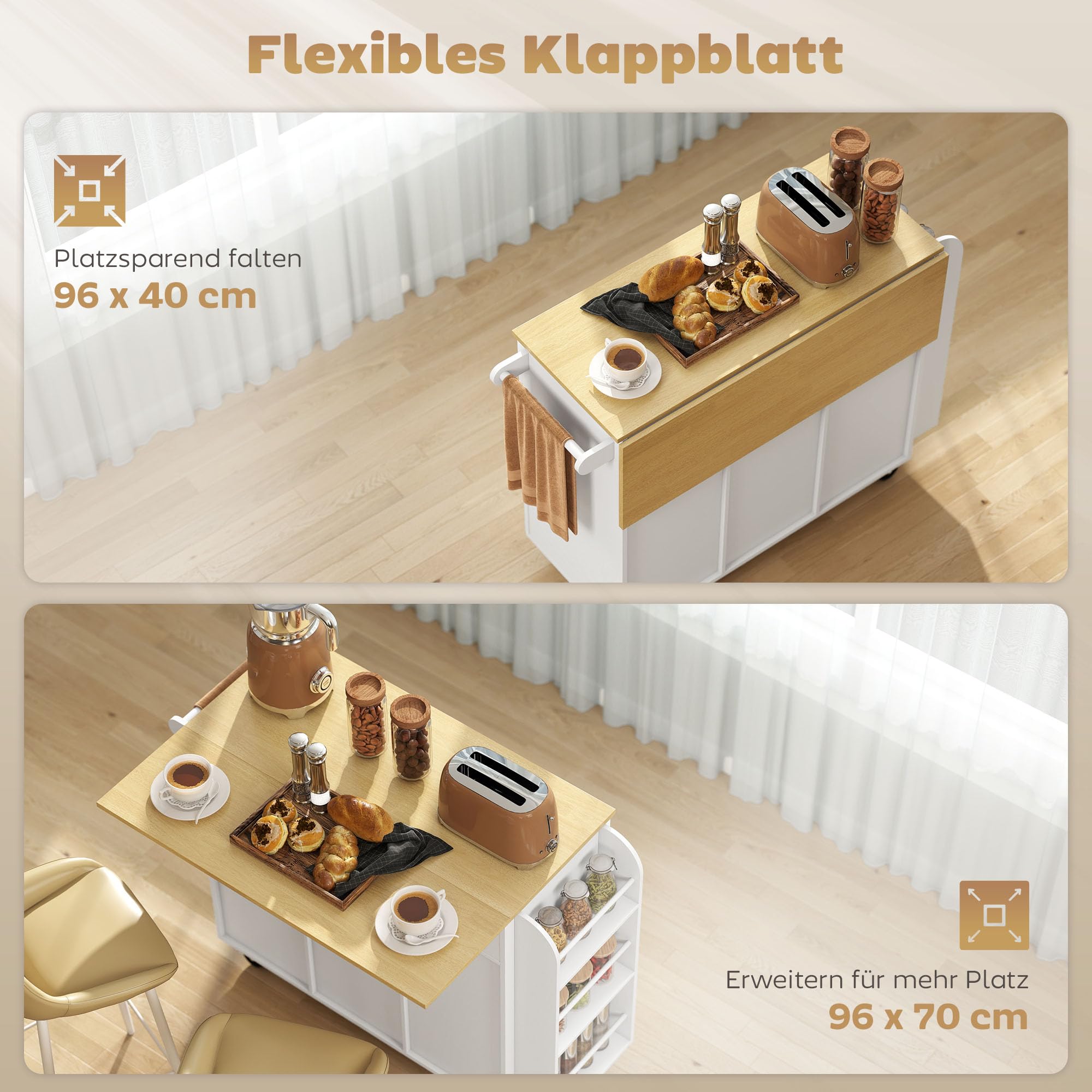 HOMCOM Kücheninsel Küchenwagen auf Rollen mit 2 Schubladen, 2 Soft-Close-Türe, ausklappbare Arbeitsfläche, Servierwagen mit Gewürzregal, Handtuchhalter, verstellbaren Regalen 115x40(70) x89 cm Weiß