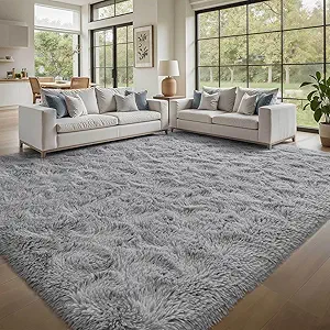 8x10 ft Light Grey Rug for Living Room Fluffy Bedroom Rug Non-Slip Area Rugs Shag Carpet for Nursery Kids Play Room Dorm Office Indoor Modern Plush Carpets Boys