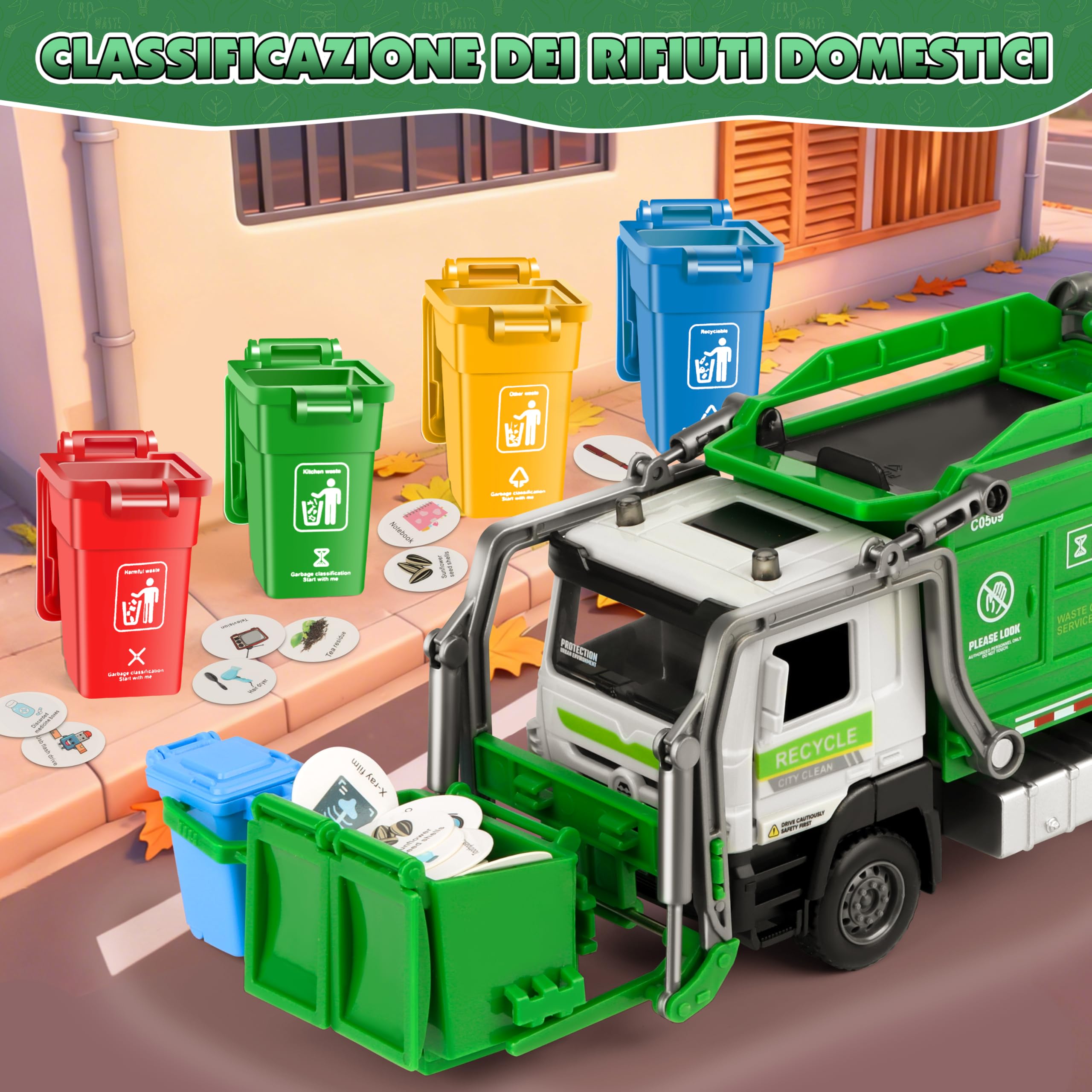 Charmofun Camion Spazzatura, Camion dei Rifiuti con 6 bidoni della spazzatura, 180 Carte del Rifiuto, Luci e Suoni, Camions Immondizia Regalo per Bambini e Bambine 3+