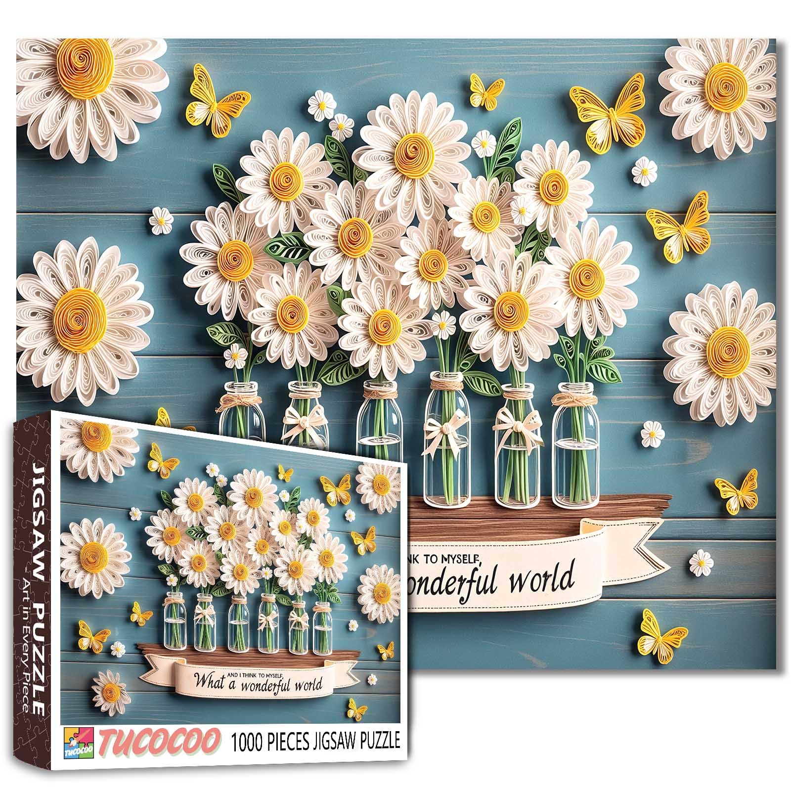 Daisy Flowers in Glass Bottle 1000 Piece Jigsaw Puzzle for Adults Blue Wooden Wall Background Butterflies Decorative Art Puzzles 20×27 Inches Challenging Educational for Home Or Classroom Decor
