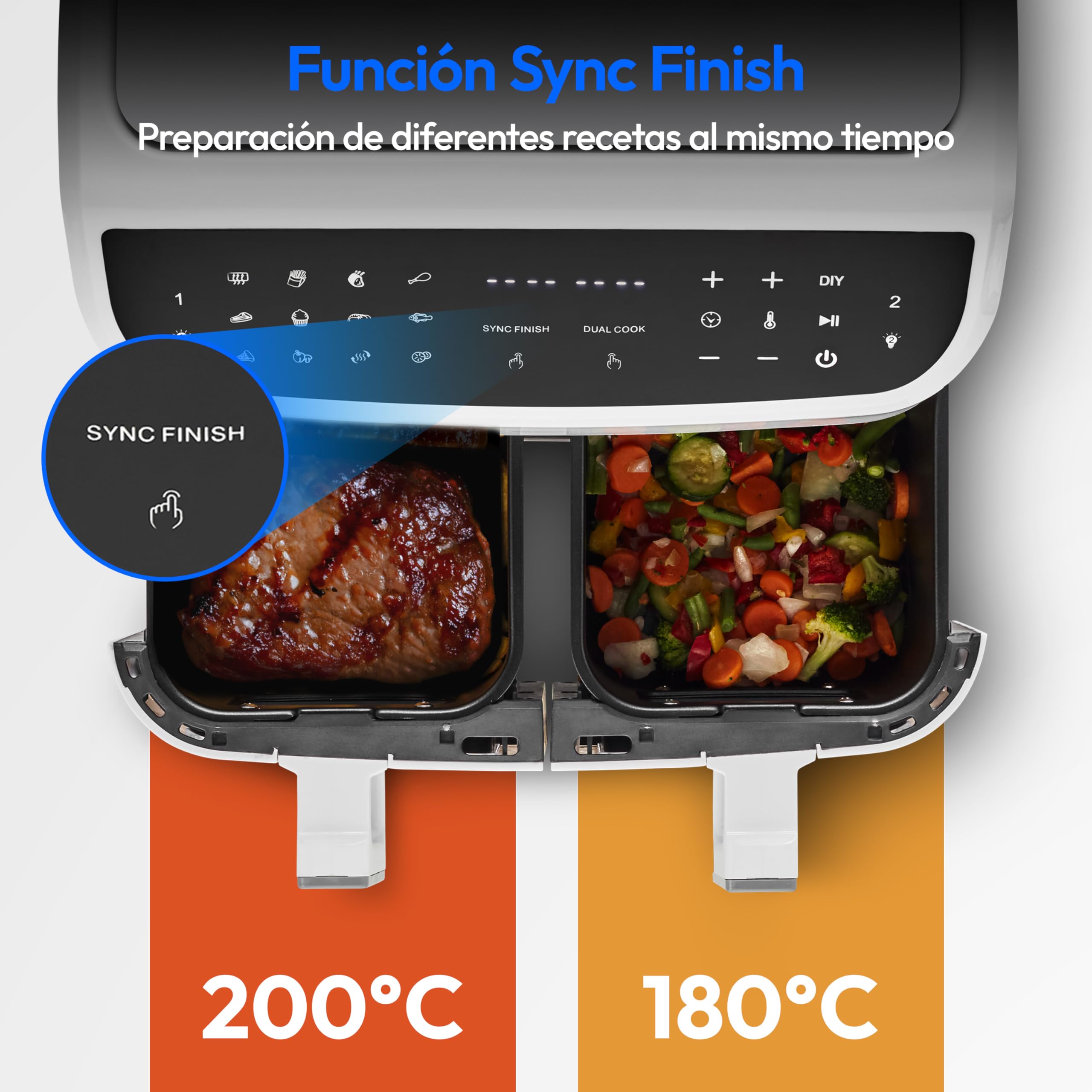 MEDION P20 XXL Freidora de Aire Doble Cesta MD11760 Blanco | 8,7 L, 2600 W, 10 Programas, 2 Cajones, Ventana, Air Fryer Dual XXL