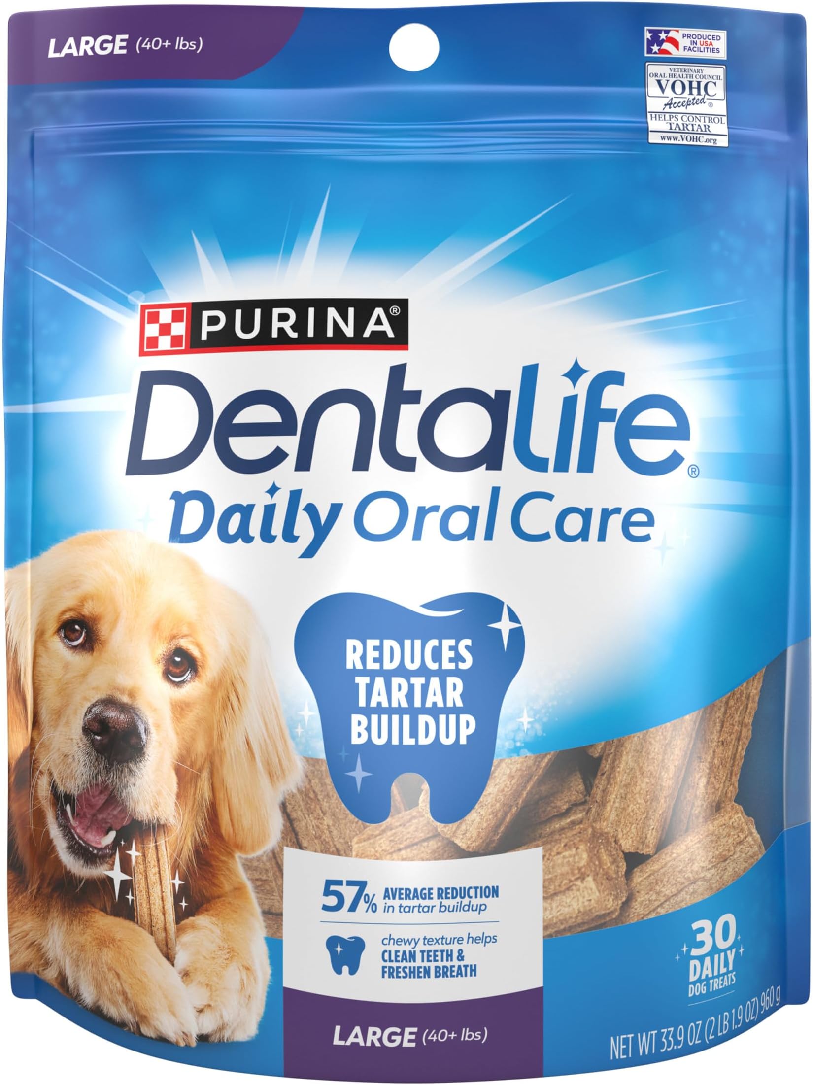 DentaLife Daily Oral Care Dog Treats for Large Dogs, Chewy Dental Treat to Freshen Breath and Fight Tartar, Chicken Flavor - 30 ct. Pouch