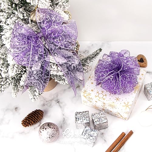 Miniatura 3 de Ribbli - Cinta con brillantina y con alambre, cinta de organza púrpura con patrón de espiral de brillantina plateada y borde metálico plateado, 2-12