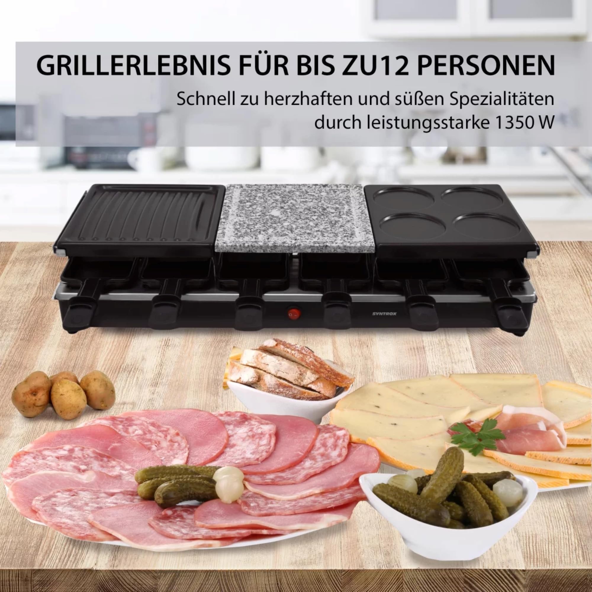 Syntrox Germany Raclette-Grill Oberwil mit geteilten Platten, Tischgrill, Partyraclette für 12 Personen 1350Watt, Raclette Zubehör, Multifunktional und Kompakt, 6 Kg, Party Zubehör