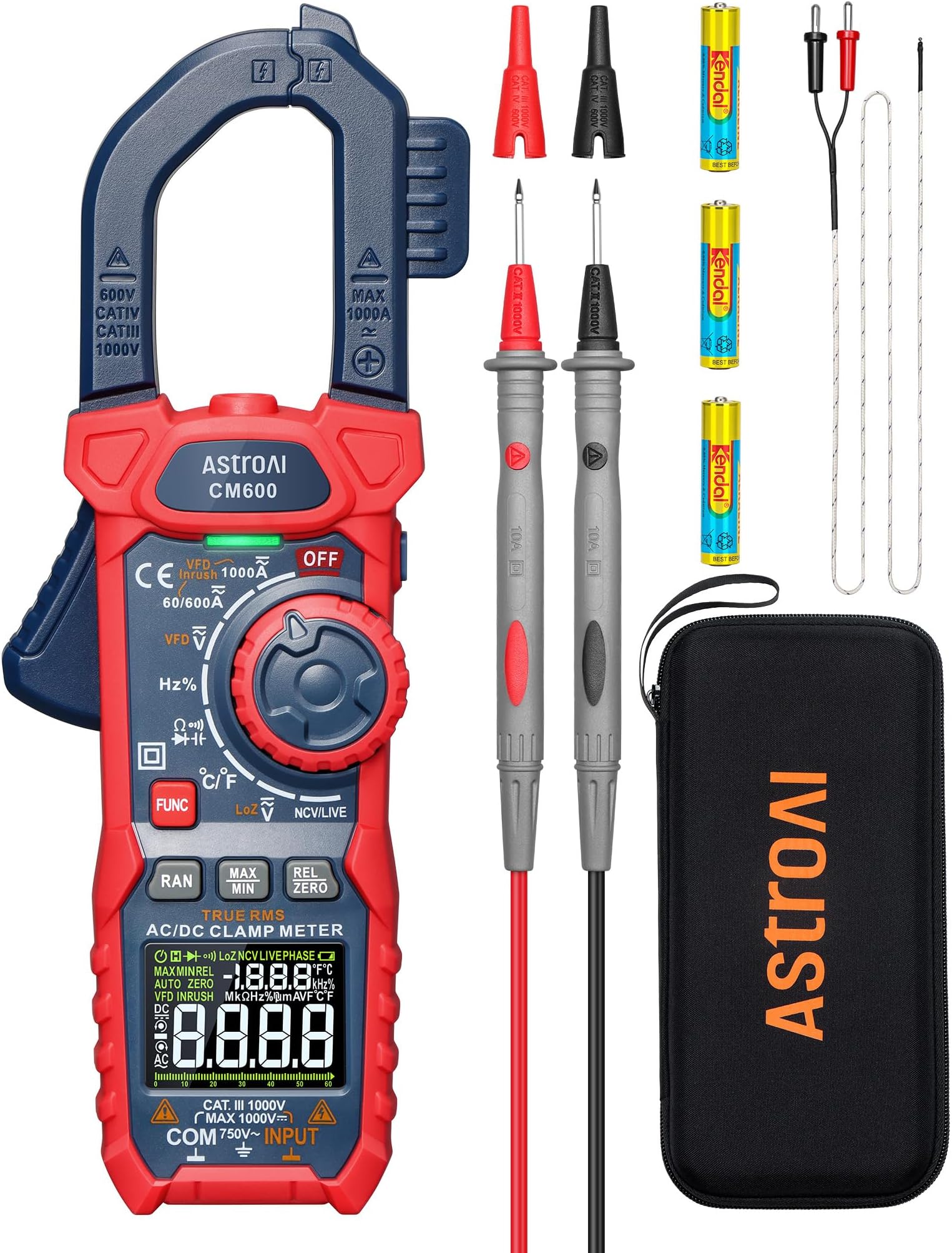 AstroAI Inrush Digital Clamp Meter Multimeter 1000A TRMS 6000 Counts, Amp Voltage Tester with VFD, LOZ Mode; Measures AC/DC Current Voltage Temperature Resistance Capacitance Frequency Continuity NCV