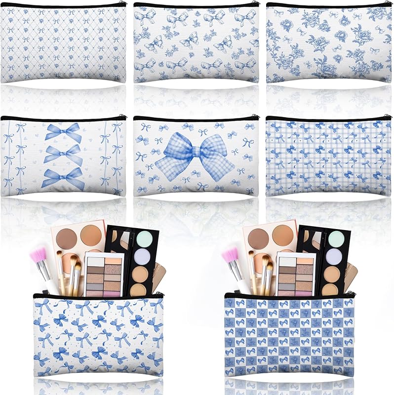 Stuffygreenus Kit com 8 necessaires de maquiagem de lona com zíper, estampa de laços azuis e flores