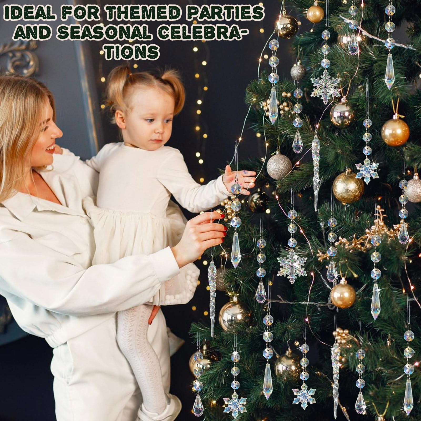 Lot de 80 décorations de Noël effet cristal irisé, flocons de neige et stalactites en acrylique, décorations à suspendre pour sapin de Noël, fêtes d'hiver, mariage, fête de thème Reine des neiges