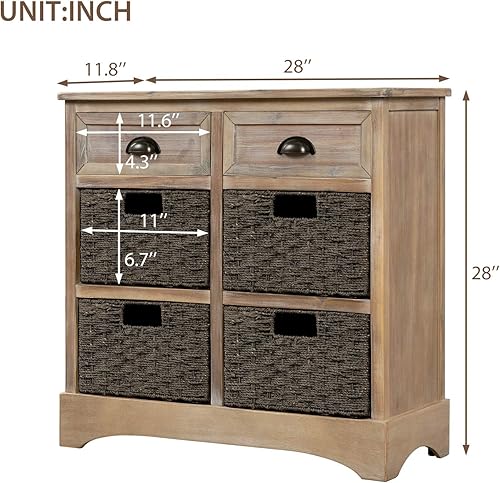 Miniatura 2 de Knocbel Armario de almacenamiento con 2 cajones y 4 cestas de ratán, mesa auxiliar de sofá rústica de 28 pulgadas con gran espacio de almacenamiento