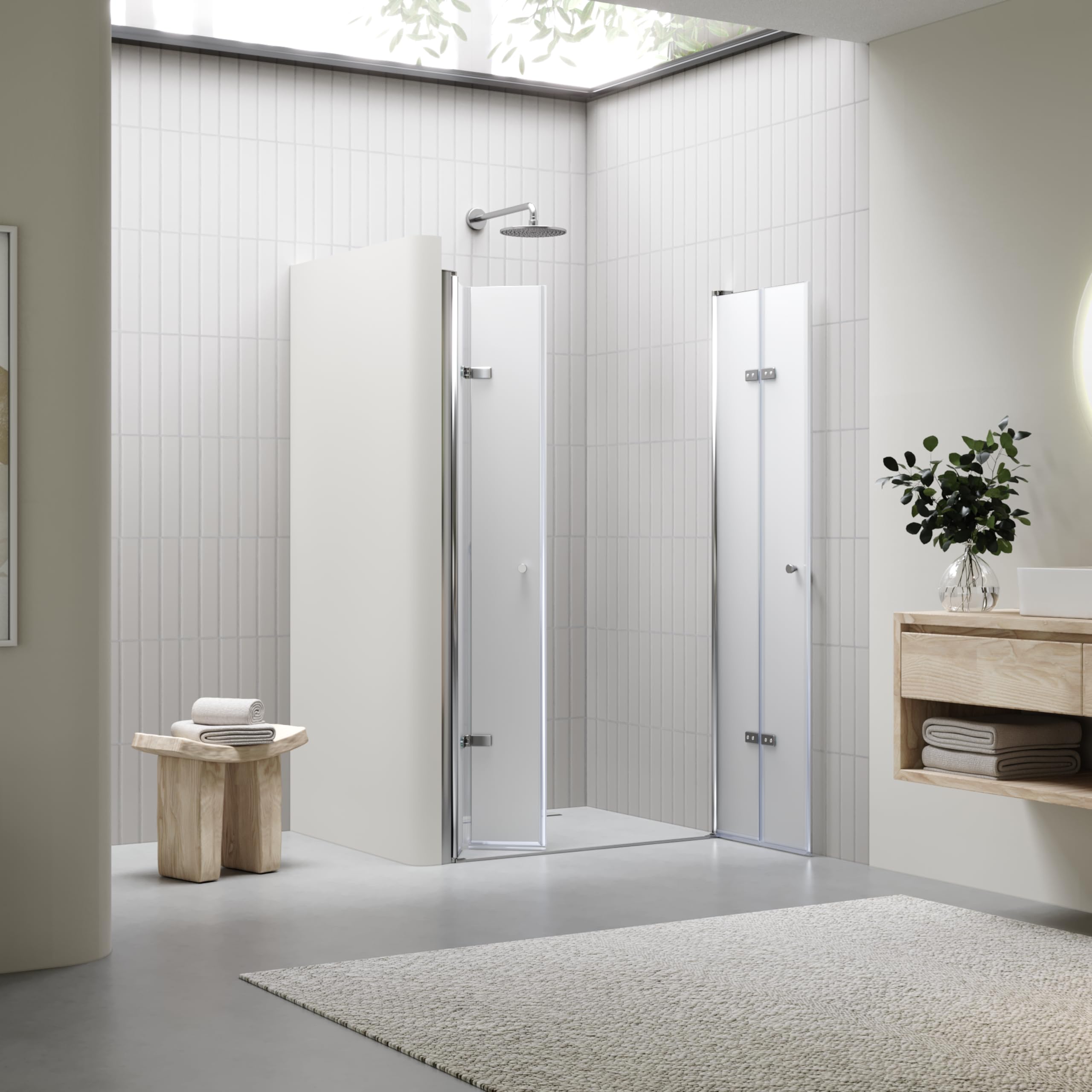 Mampara de Ducha Lena DT877 136-140x195 cm con Puertas Plegables, Perfiles Cromados y Cristal Templado Satinado
