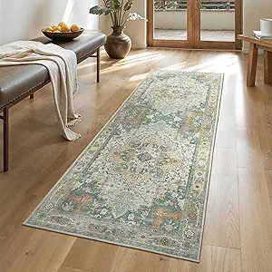GENIMO 2x5 Runner Rugs for Hallway, Machine Washable Non Slip Vintage Rugs, Low Pile Lightweight Soft Print Rug for enrtyway, Corridor, Home Office, Kitchen,Ash Blue
