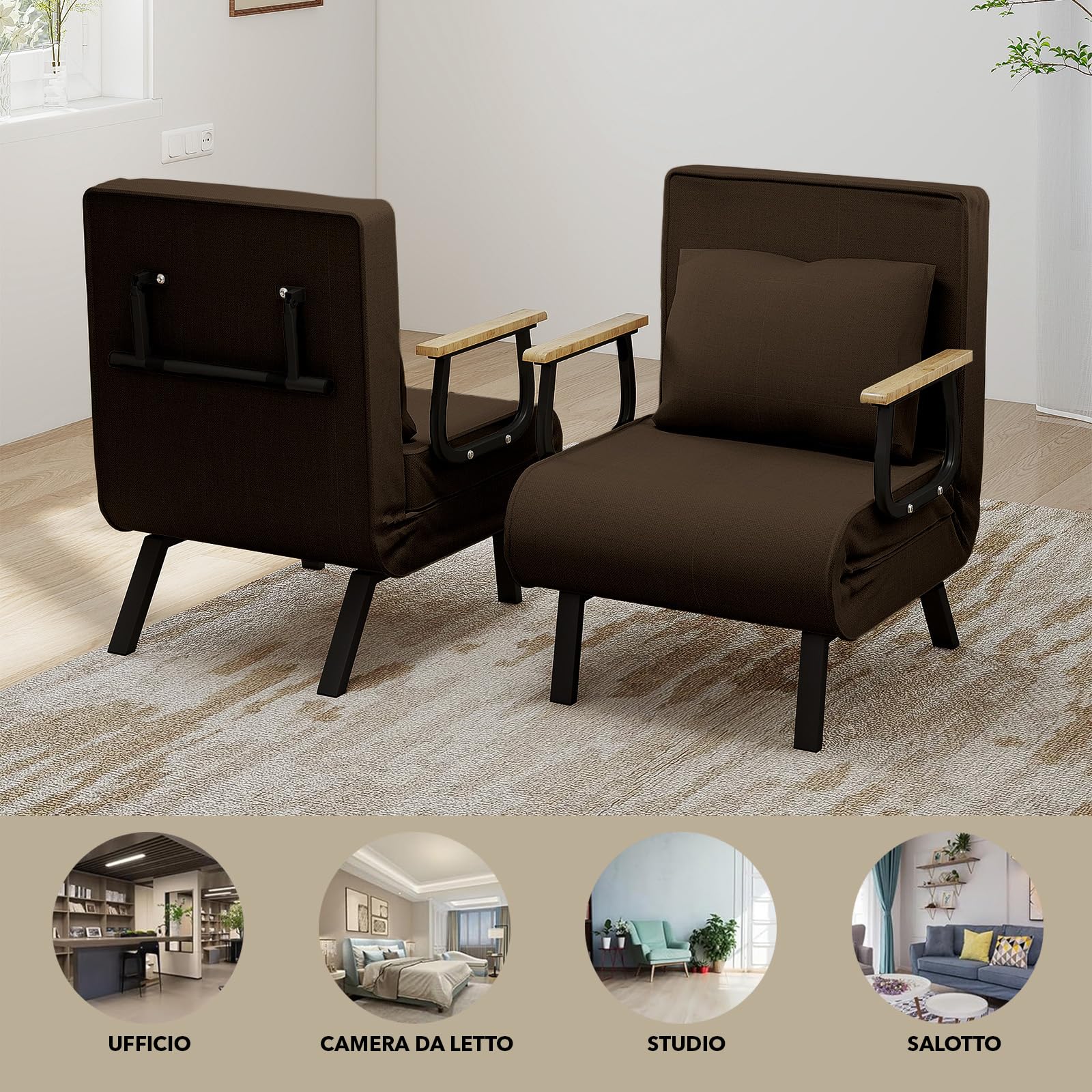 Fabulcozy Divano letto convertibile 3 in 1, poltrona regolabile 5 posizioni, fodera rimovibile in lino cotone, cuscino spesso, gambe in metallo trapezio inclinato, braccioli in legno e metallo, per