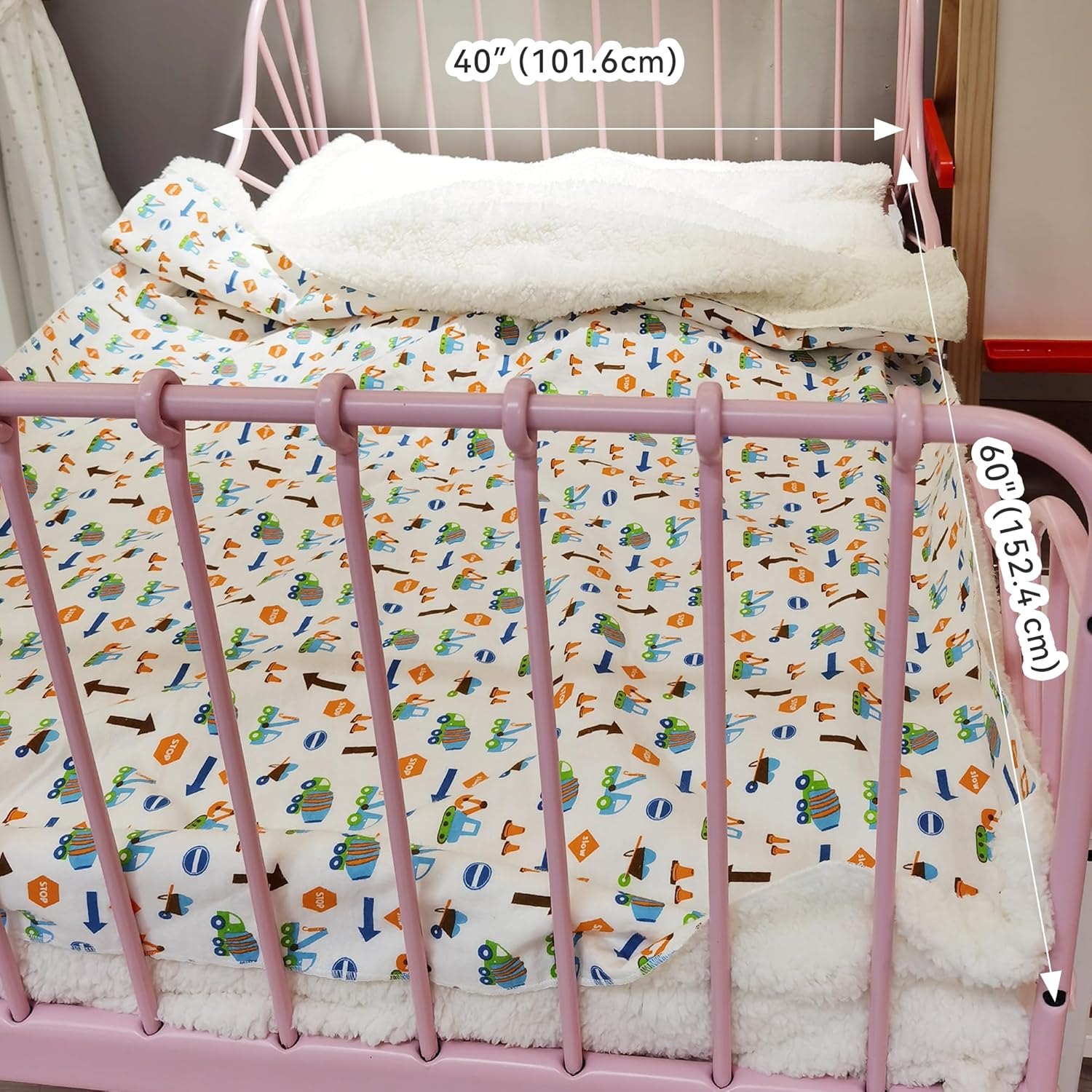 Kids Sherpa Throw Blanket – Soft Cotton & Warm Sherpa Toddler Blanket, Trucks, Cranes & Construction Vehicles Pattern, Plush Winter Bed Throw, 40 x 60 inches - Image 6