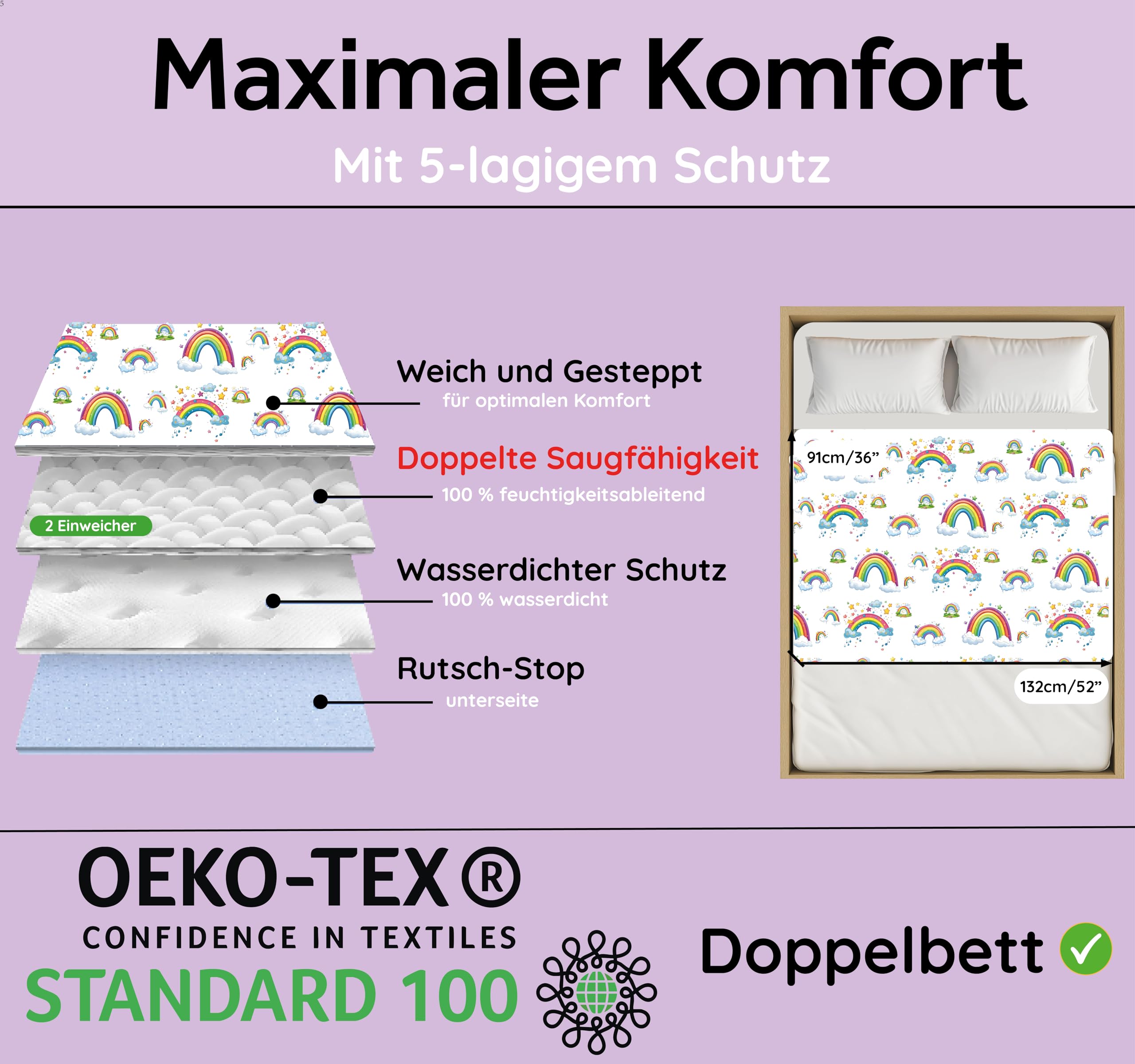 Töpfchen Ausbildung Bett Unterlage | Wásserdicht Matratzenschoner | Bettnässen Blätter | für Doppel Familienbetten | rutschfest Matte Mit Seitlichen stecken | Regenbogen