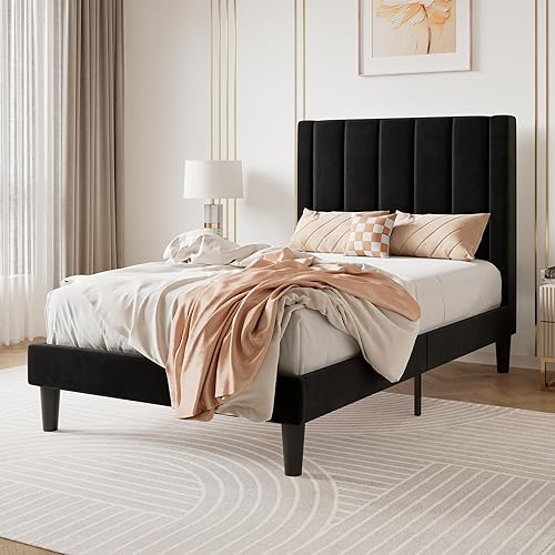 Miniatura 61 de SHA CERLIN Marco de cama matrimonial/plataforma tapizada de terciopelo con cabecero, soporte de listones de madera resistente, base de colchón, no